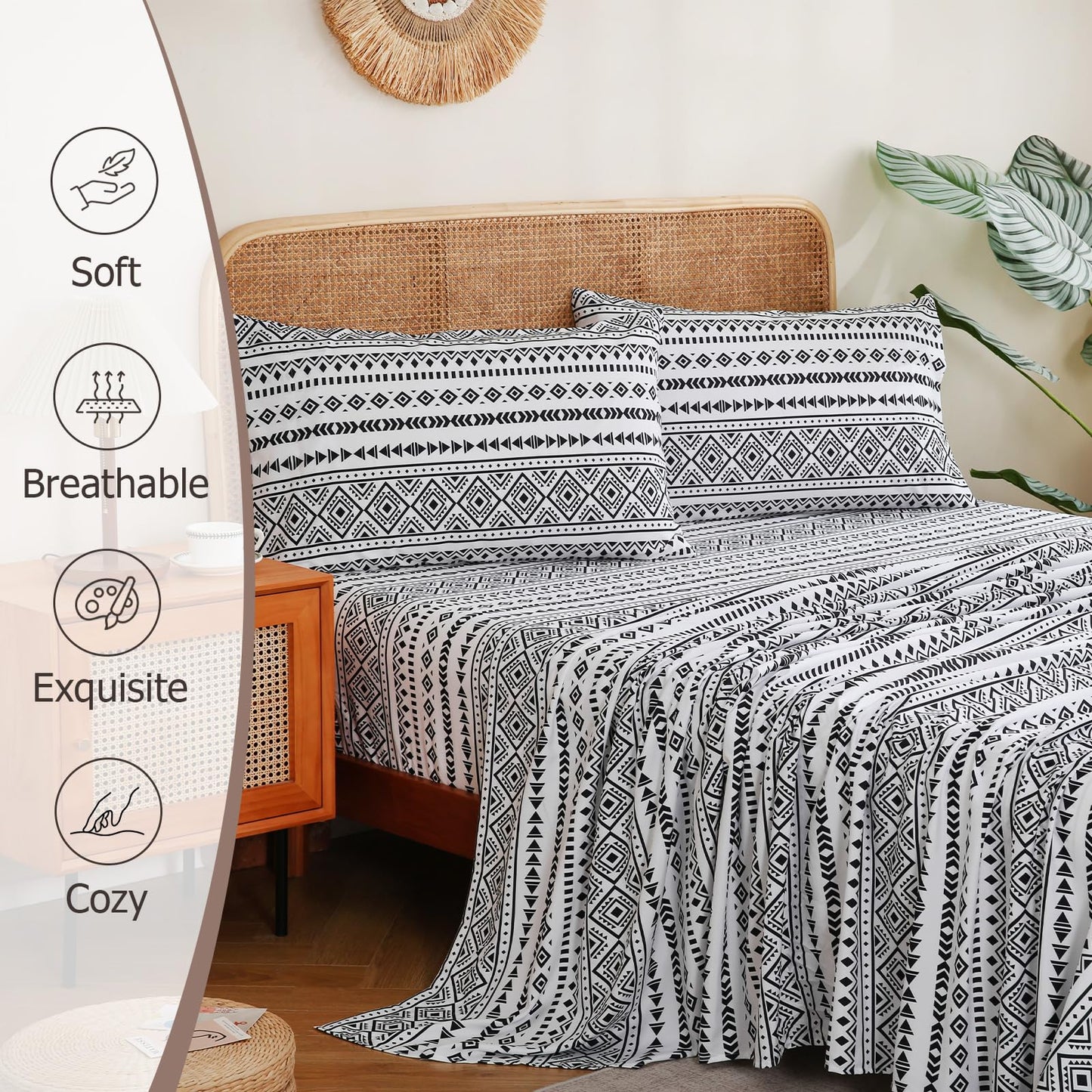CozySmile Boho Printed Sheet Set Queen Size 4 Piece,Soft & Breathable Bedding Deep Pocket 16" Cooling Wrinkle Free Comforter Bed Set Western Sheets Geometric(Queen, Black White Geometric)