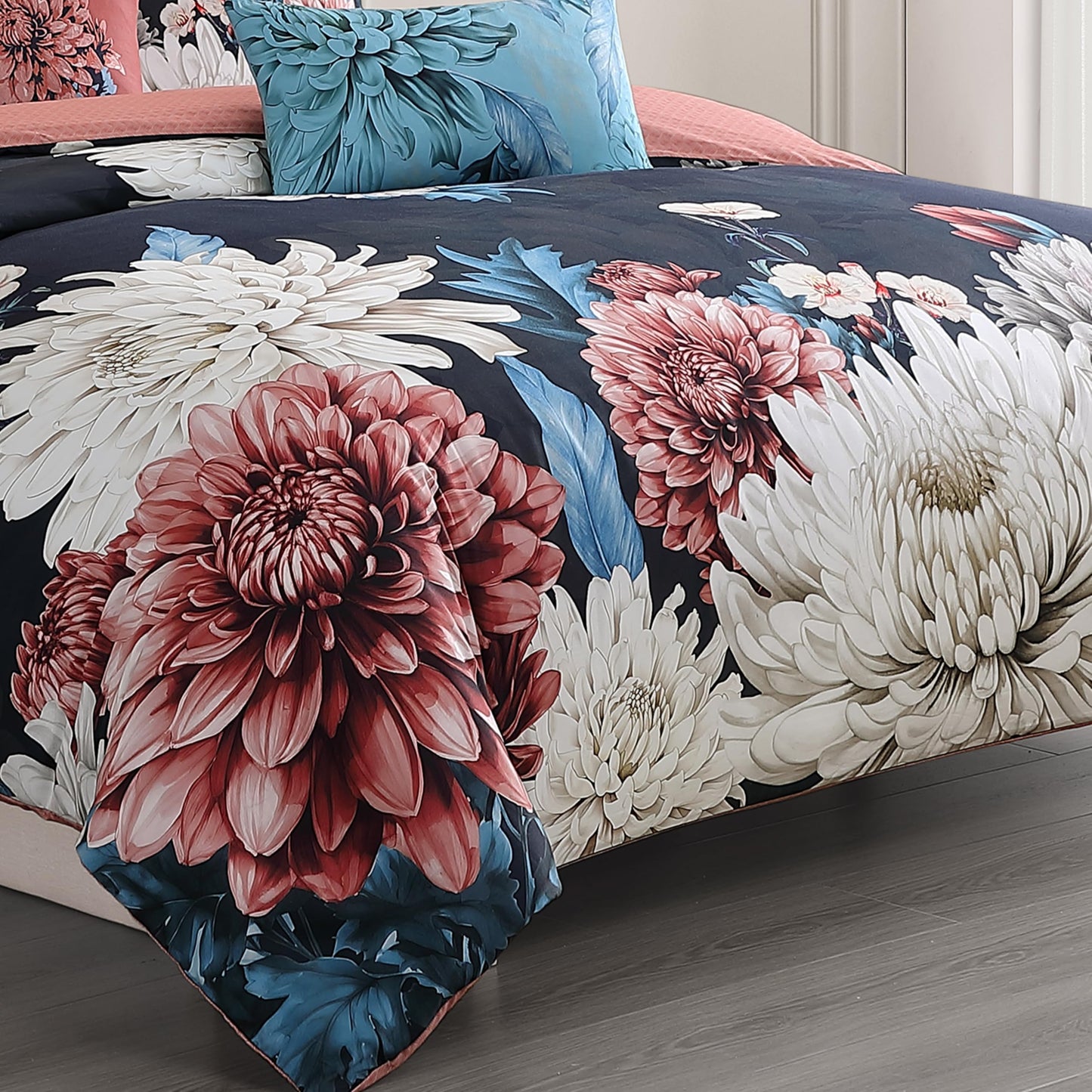 Bebejan Navy Mums 5 Piece Comforter Set, 100% Cotton Sateen, 220 Thread Count, Blue Reversible Bedding Comforter Set, 1 Comforter, 2 Shams & 2 Pillows (King/Cal King)