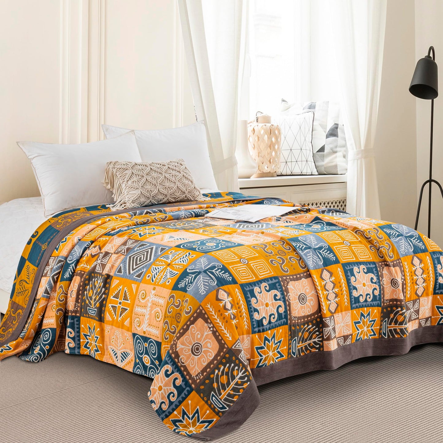 Purefair 100% Muslin Cotton Throw Blanket for Bed Couch Chair, Bohemian Tribal Patchwork Retro Quilt Ultra Soft Reversible Gauze Blanket for All Season, 60"x80"