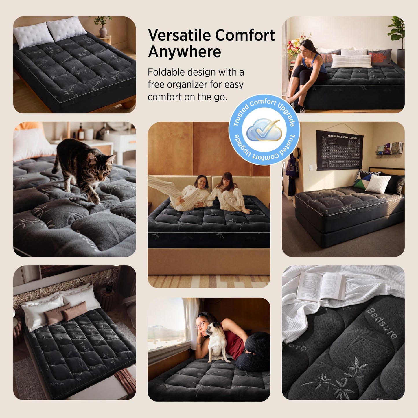 Bedsure Full Size Mattress Topper - Viscose Made from Bamboo Ultra Soft Thick Fluffy Pillow Top Mattress Pad with 21 Inch Deep Pocket, Breathable, Moisture Wicking, Black, 54x75 Inch
