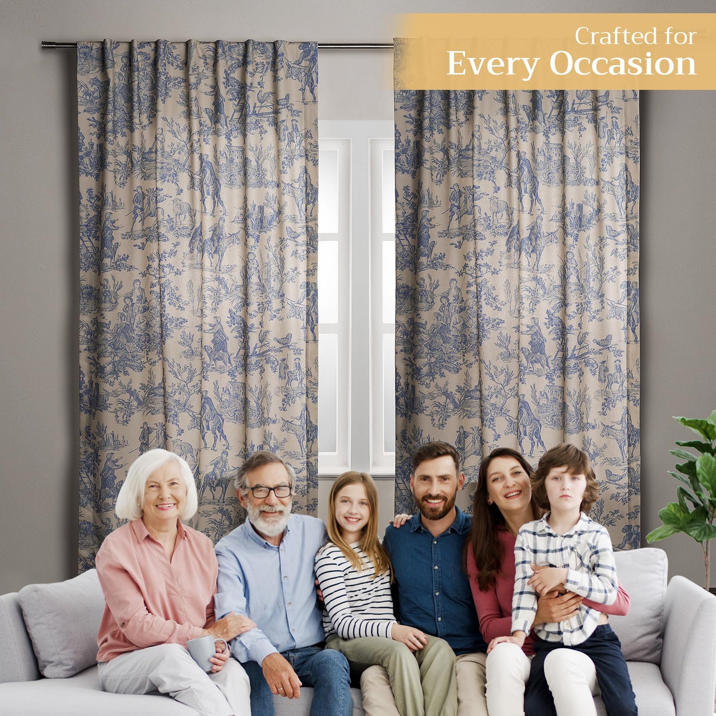 Maison d' Hermine Curtains for Living Room 100% Cotton 96 inch Length One Panel Light Filtering Toile Curtains for Bedroom Windows with Rod and Loop Pockets Drapes (The Miller Blue, 50" W x 96" L)