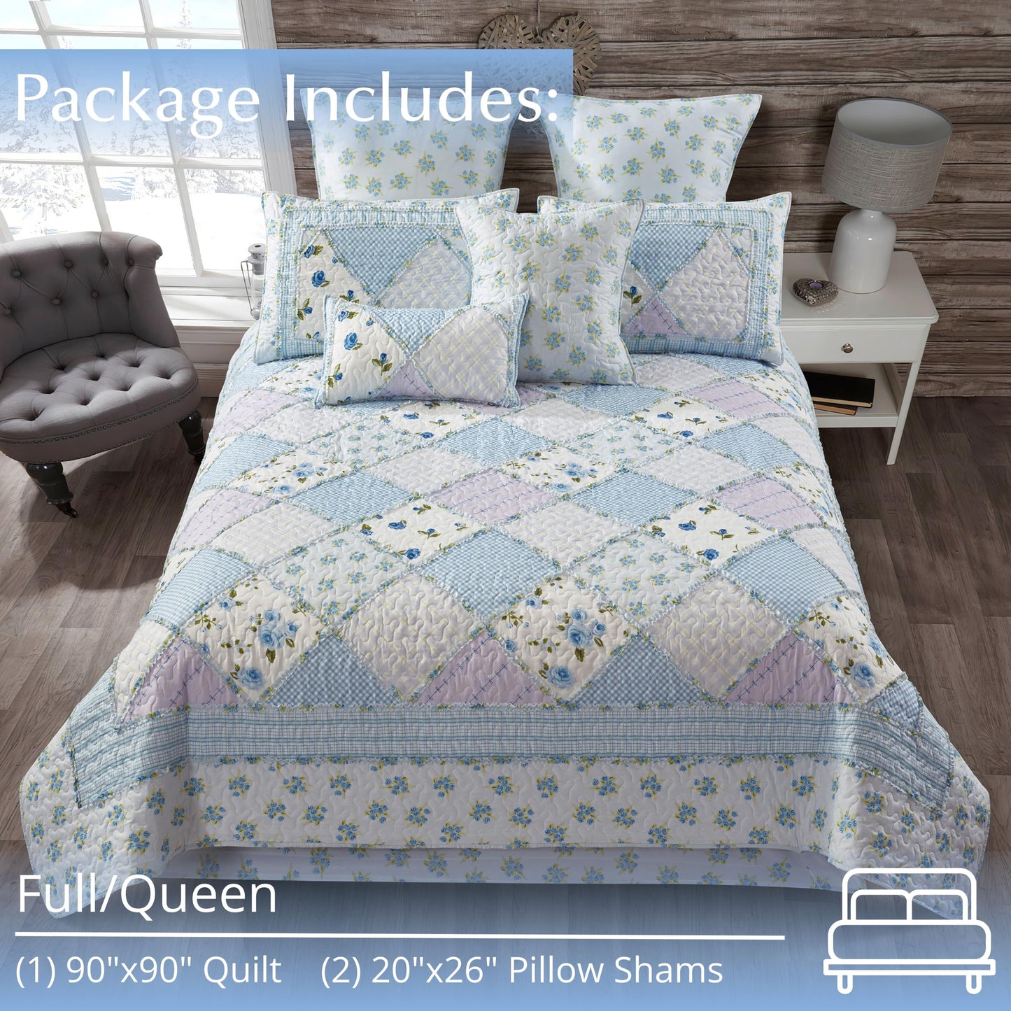 Virah Bella 3 Piece Full/Queen Lodge Quilt Bedding Set - Rustic Country Reversible Comforter Set with Decorative Pillow Shams - Garden of Blues