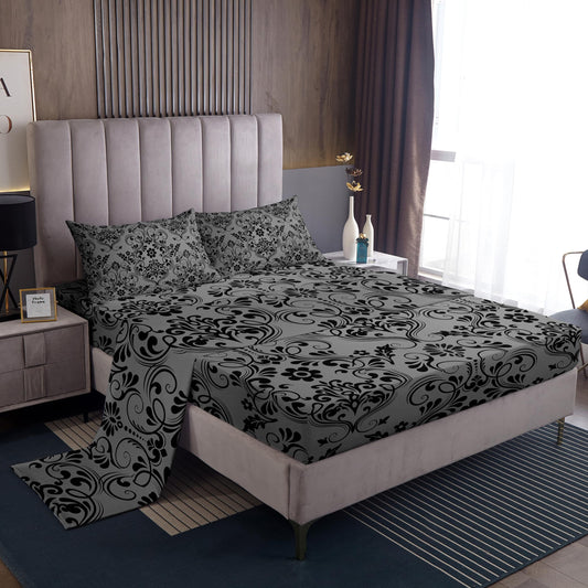 Feelyou Adults Black Vintage Damask Floral Sheet Set Oriental Antique Sheets with Deep Pocket Fitted Sheet Full Size Gothic Bohemia Boho Flower Bed Sheets Set Bohemian Exotic Bedding Set 4Pcs