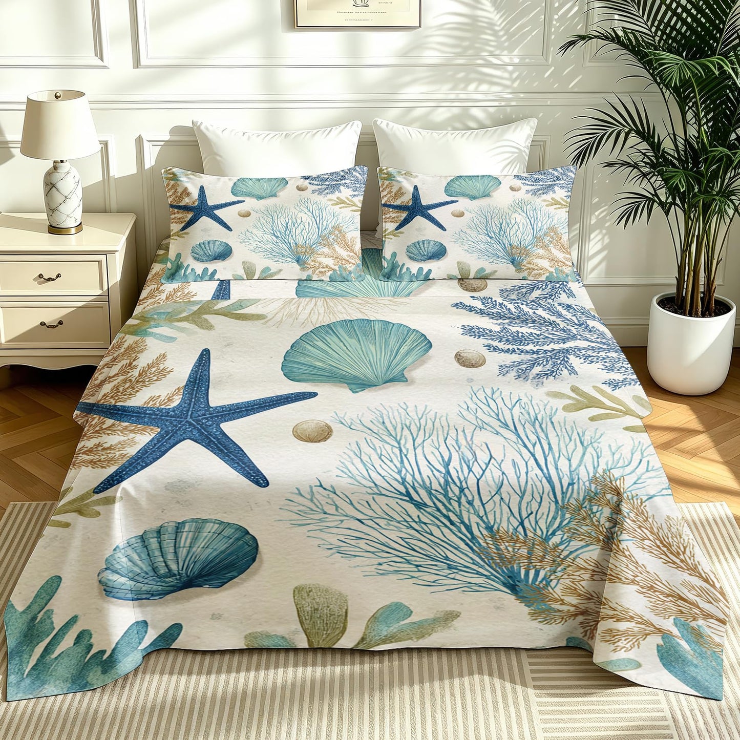 Seashell Coral Queen Sheet Set 4 Pcs Coastal Bed Sheets