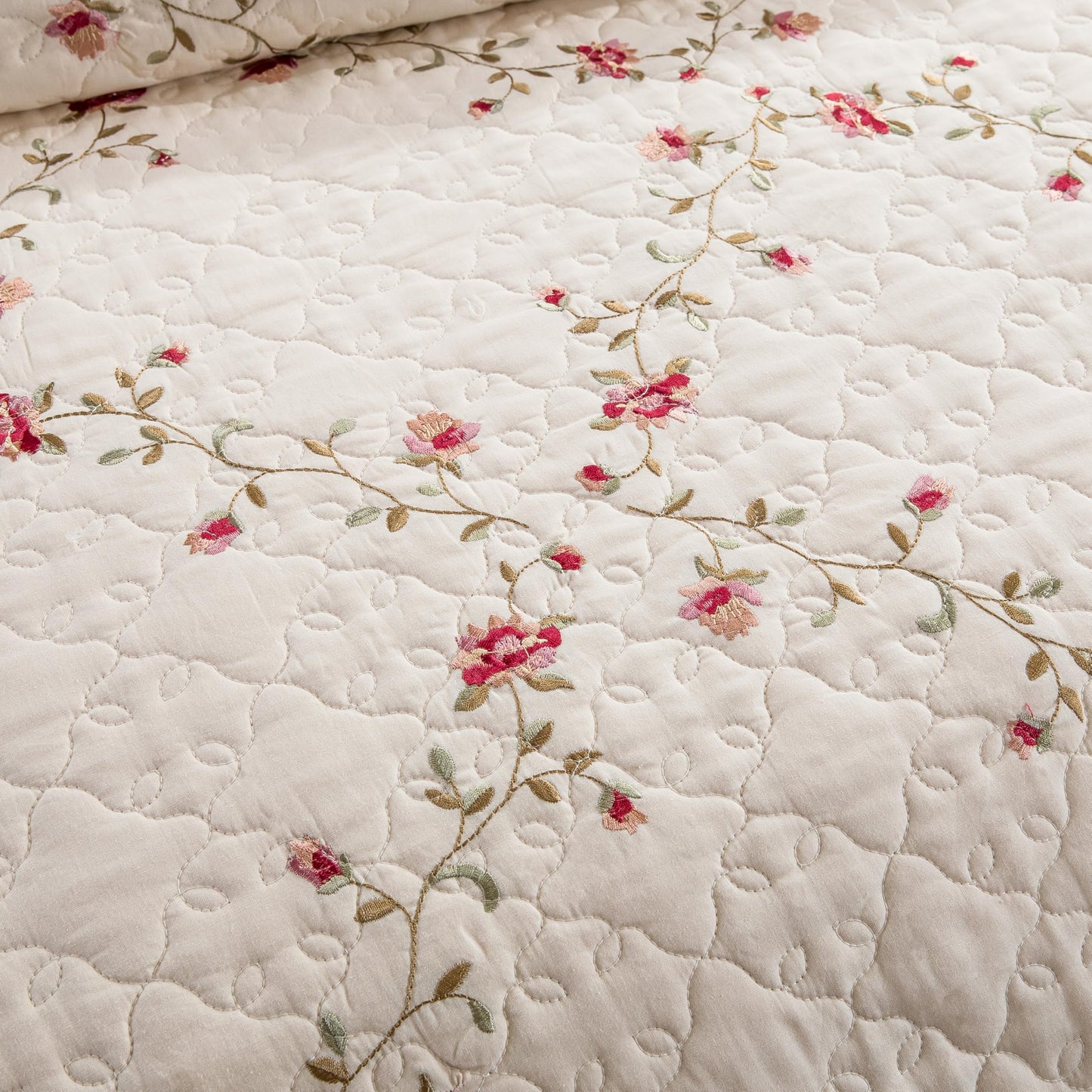 Quilt Set Floral Leaves 3D Embroidery Pattern 3 PCS Cotton Reversible Quilted Embroidered Decorative Bedspreads Coverlet Set, Lightweight &Soft Queen Size Beige Bedding Coverlet for All Season
