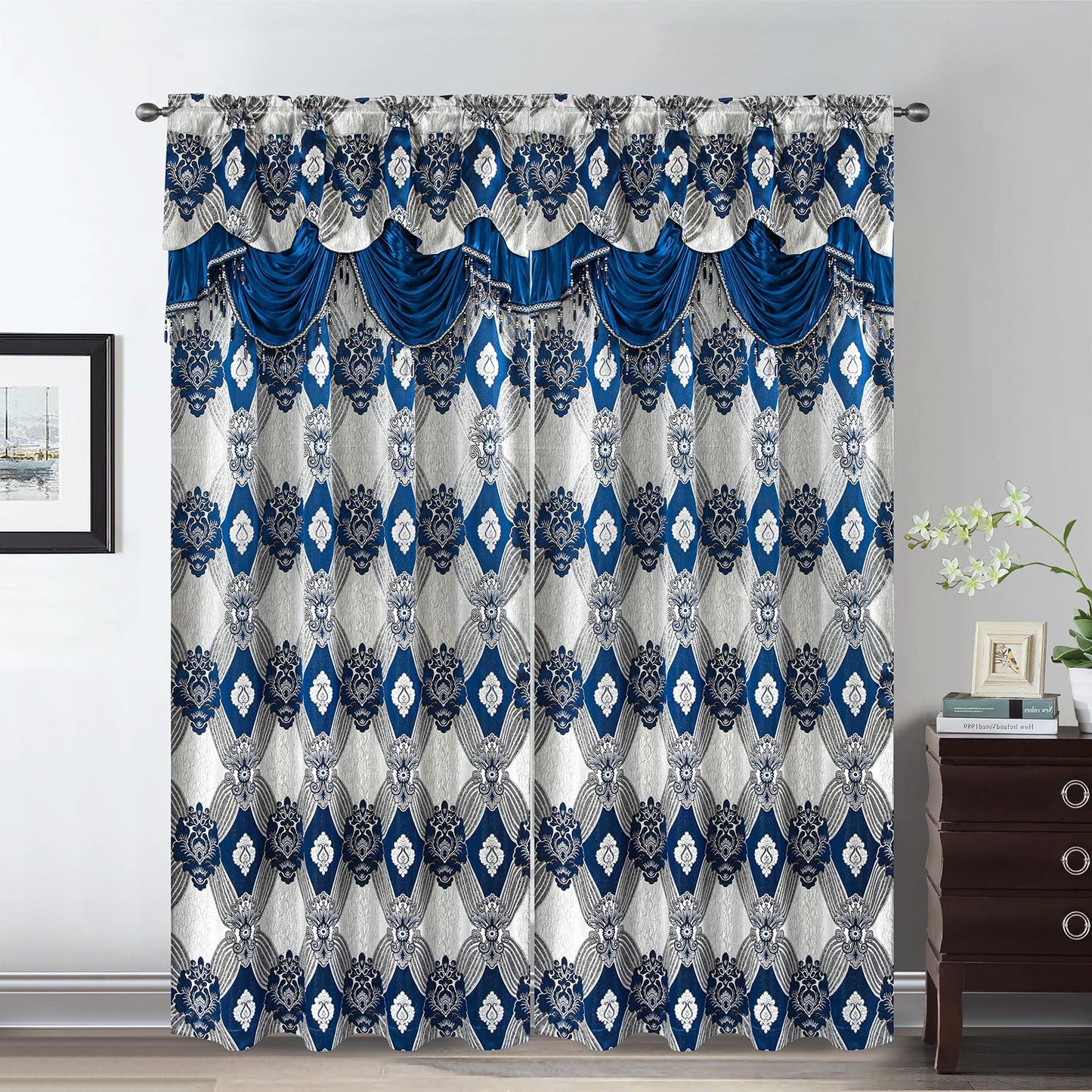 Petrichor Elegant Curtains with Gold Silver Threads 2 Panels Set - Luxury Window Treatment Attached Valance, Sheer Backing, and 2 Tie Backs for Bedroom and Living Room, 54x84 inches, Navy