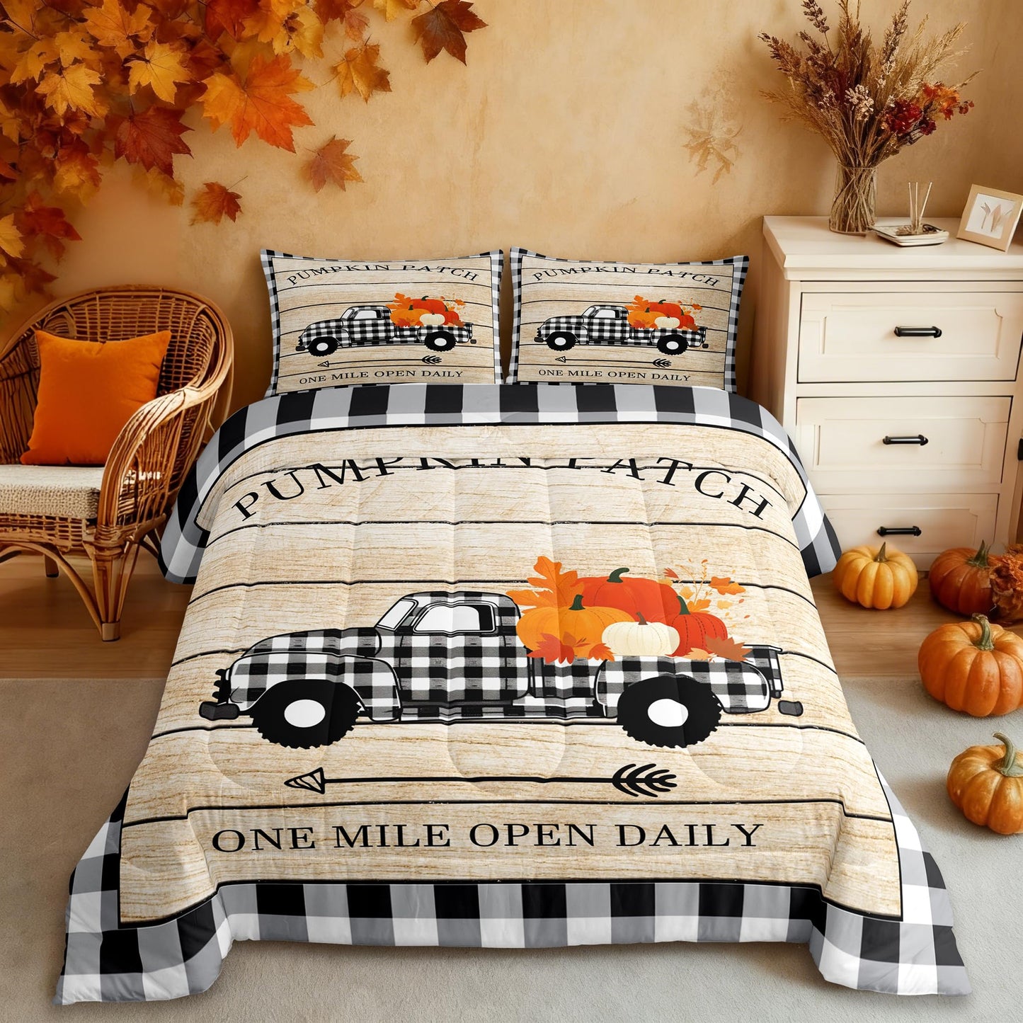 Homewish Pumpkin Grid Truck Bedding Set Queen Size,Rustic Farmhouse Comforter Set Kids Boys Girls Room Decor,Autumn Plants Themed Quilt Set Halloween Style Duvet Insert 3pcs with 2 Pillowcases