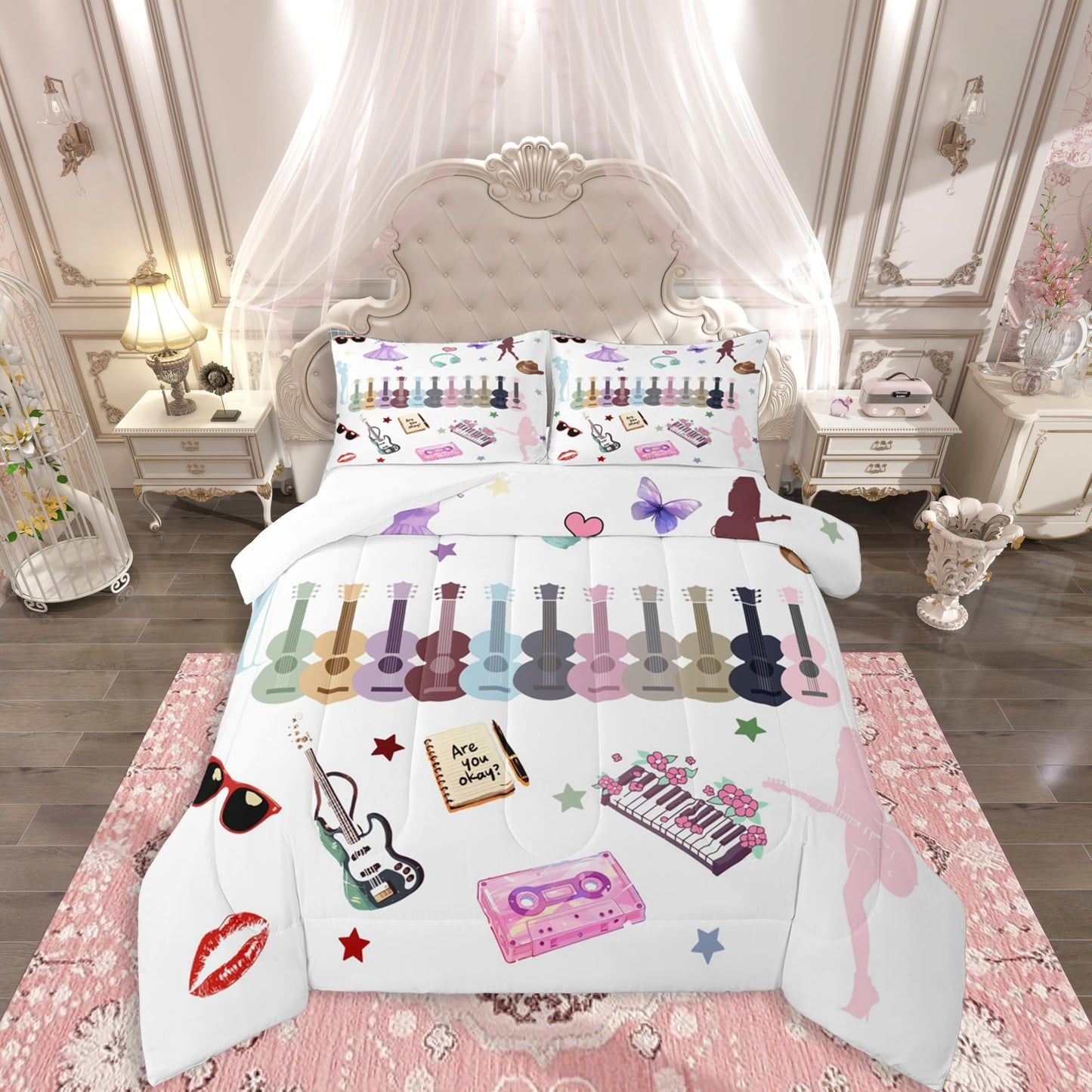 Erosebridal Music Comforter Set Music Theme Bedding Set Full Size Singer Fans White Down Comforter Fashion Birthday Valentines Day Gift Quilt Set for Musics Fans Lovers