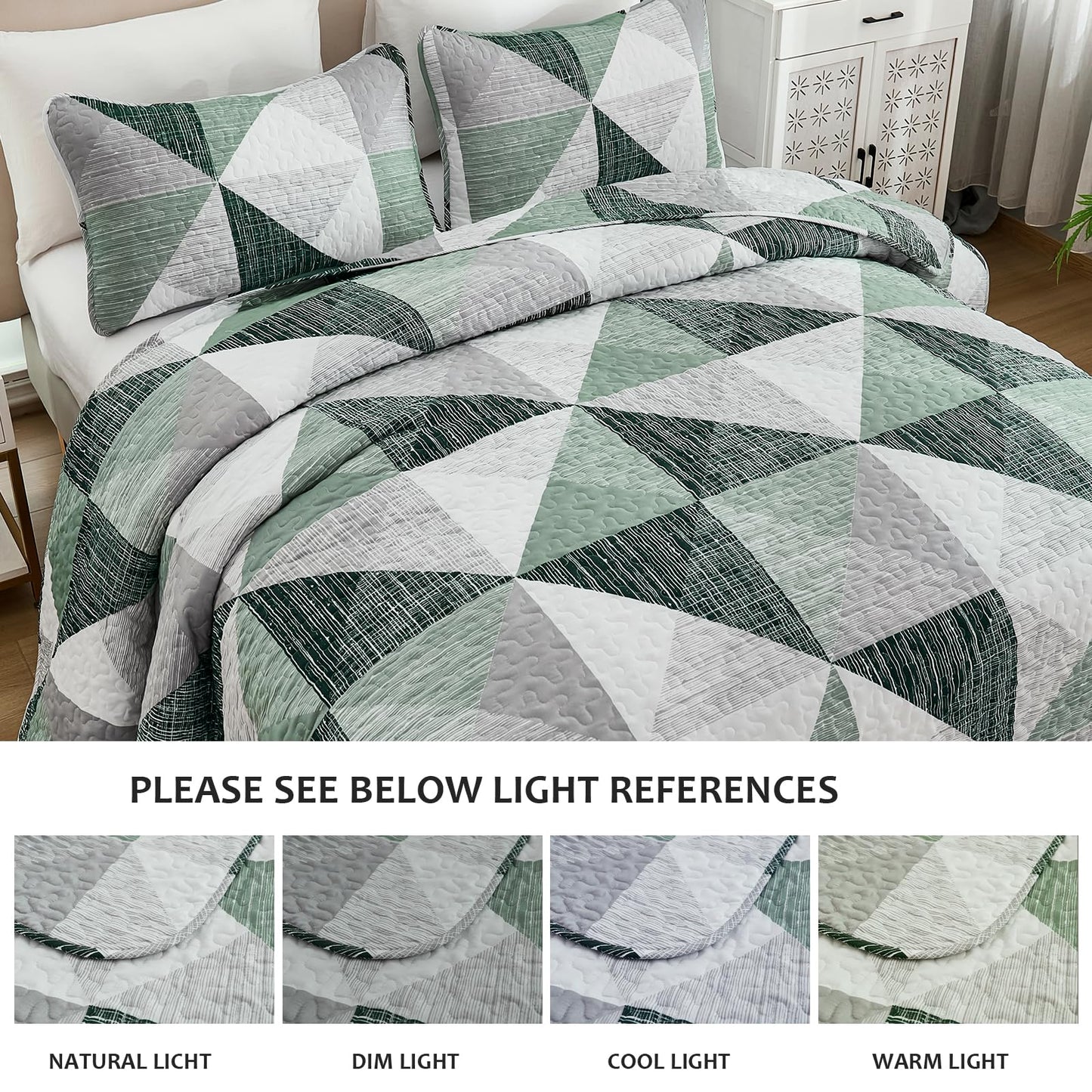 Dintszyayue Quilt Queen Size Green, 3 Pieces Patchwork Bedspread Bedding for Queen Size Bed, Soft Lightweight Microfiber Geometric Coverlet Set for All Season Quilt with 2 Pillowcases