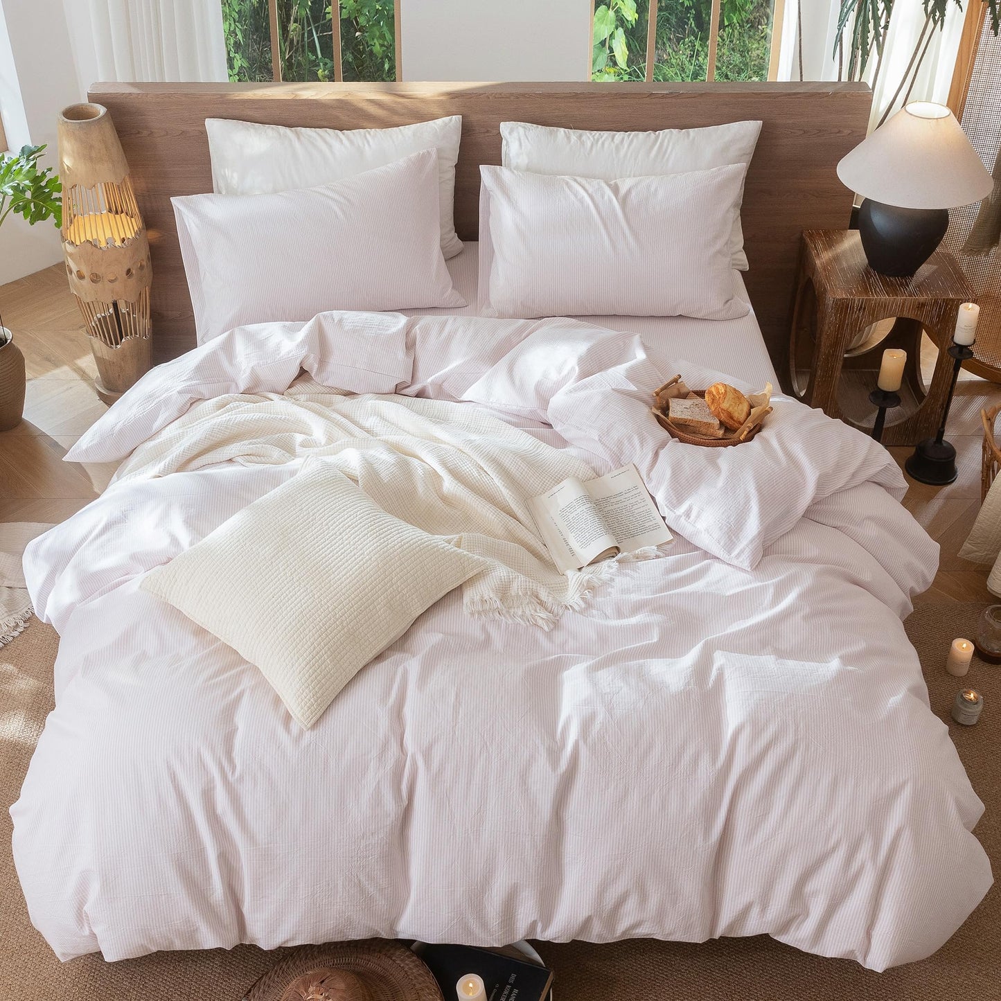 MooMee Striped Duvet Cover Set 100% Washed Cotton Linen Like Textured Breathable Durable Soft Comfy (Heathered Greyish Pink Pinstripes, Queen 90"x90")