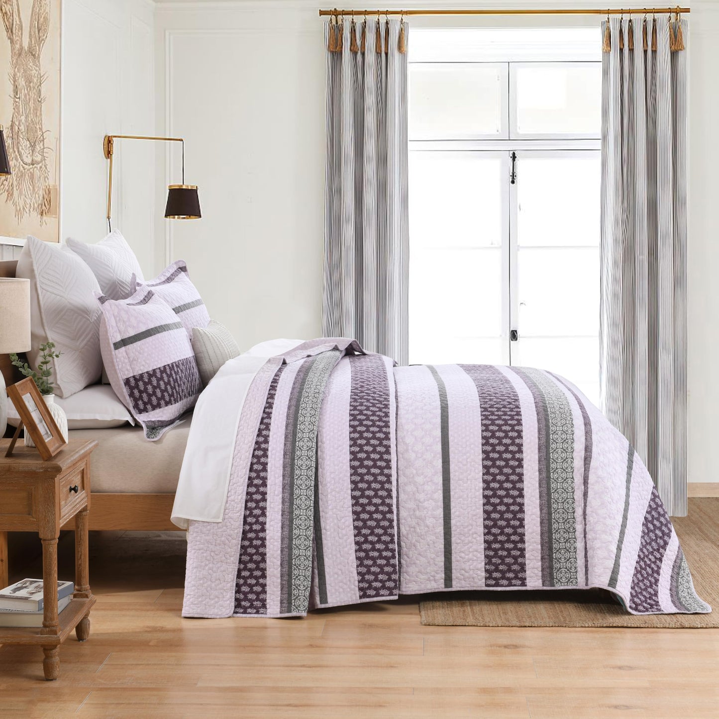 Homzard Quilts Queen Size, Cotton Comforter Set, Purple and Grey Queen Bed Set,Lightweight Striped Bedding, Farmhouse Bedspread All Season 3 Pieces