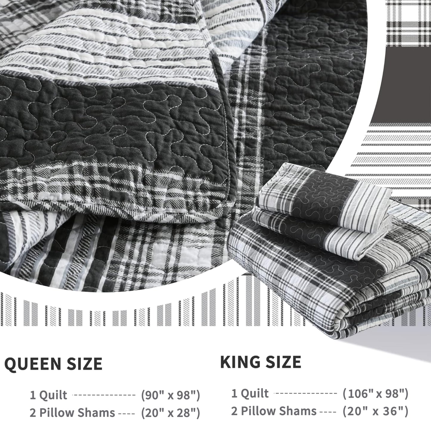 Homzard King Size Comforter - 100% Cotton, Black White Striped King Quilt Bedding Set,Black Grey Plaid Striped Bedding King,Farmhouse Lightweight Comforter for Bed,All Season