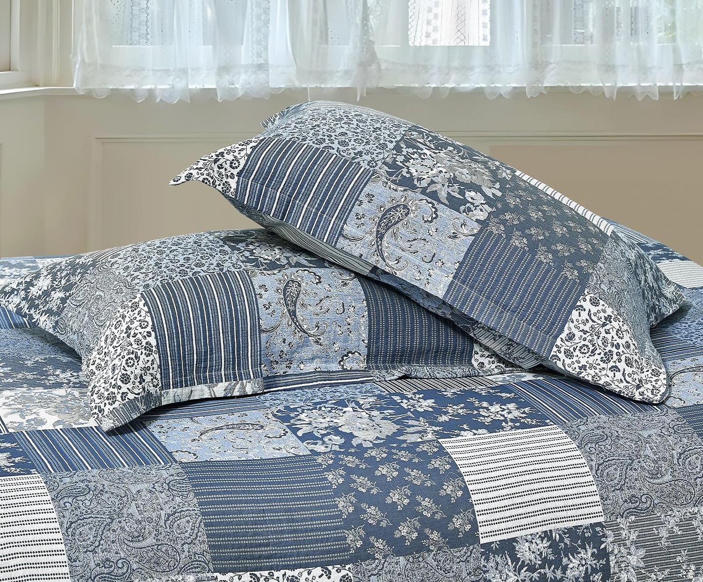 SLEEPBELLA Washed Double Layer Muslin 100% Cotton Comforter Set King Size, Boho Blue Patchwork Fluffy Thick Checked Bedding Set, Soft Breathable (1 Comforter, 2 Pillow Shams)
