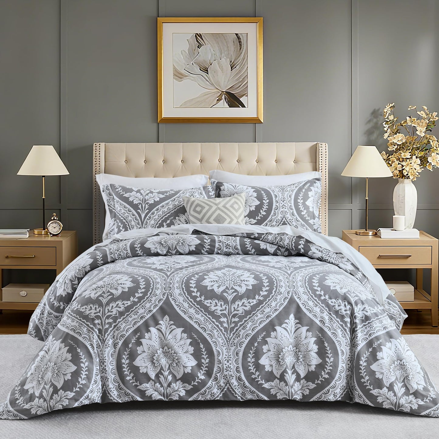 VOOVY Grey Duvet Cover King - 3 Pieces Paisley Damask King Size, Ultra Soft Breathable Bedding Duvet Cover Set with 100% Cotton for All Season, 104"x90", No Comforter