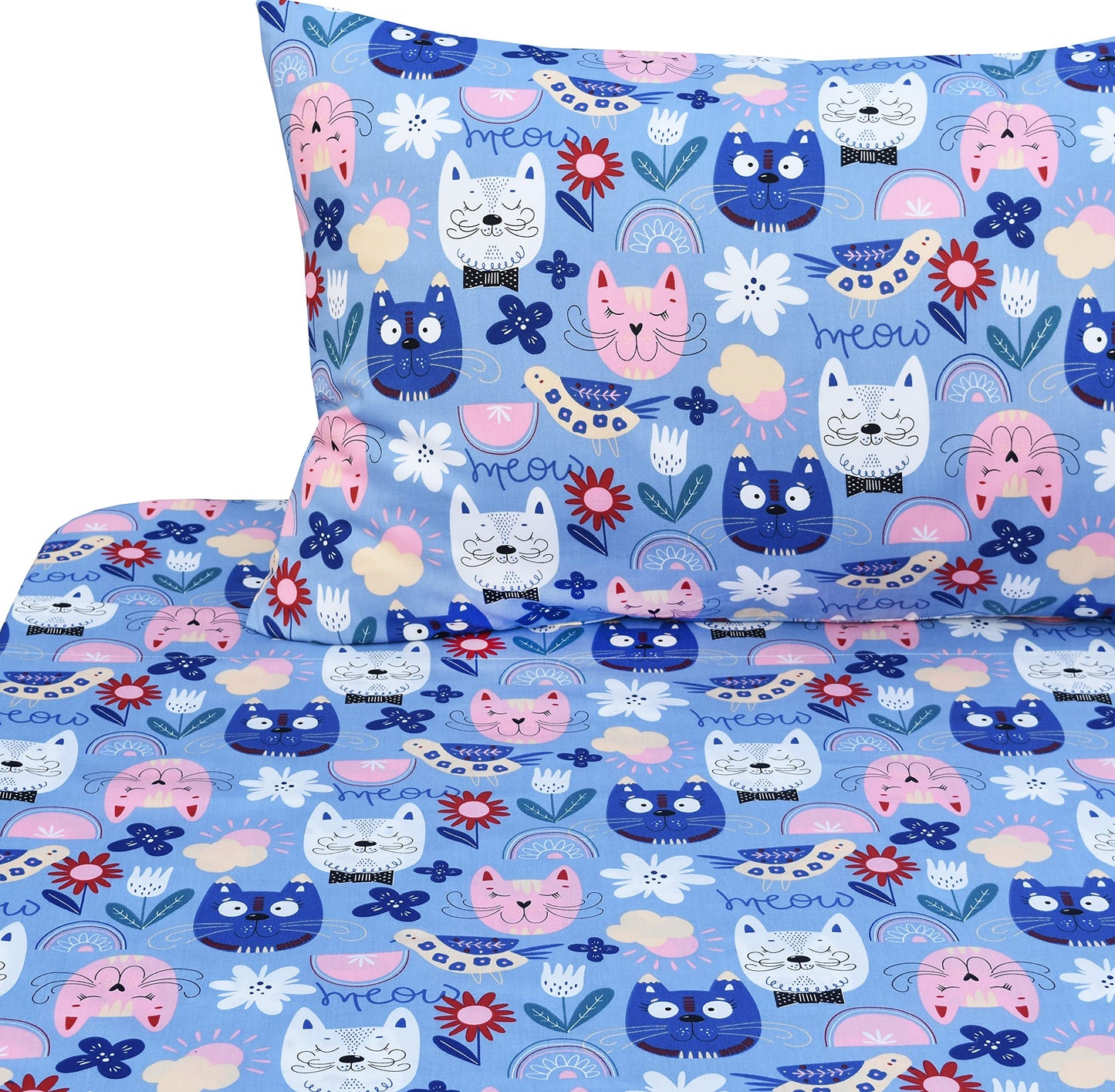 J-pinno Kids Painting Cat Kitty Flower Birds Blue Adorable 100% Cotton Twin 3 Pieces Sheet Set Bedroom Decoration Gift Flat Sheet + Fitted Sheet + Pillowcase Bedding Set for Unisex Boys Girls