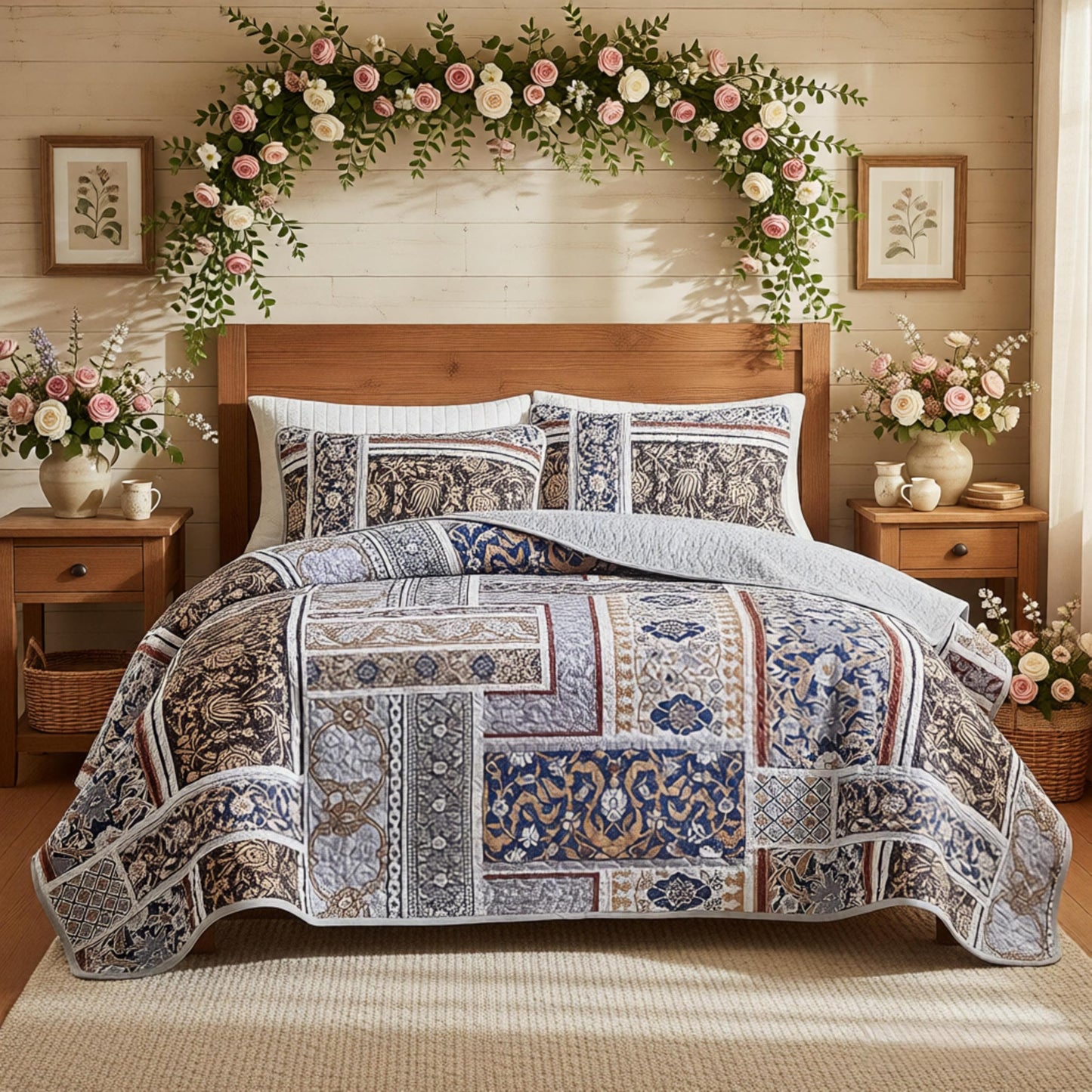 Floral Boho Quilts Queen Size Bedding Set Grey 3 Pieces Spring Farmhouse Botanical Summer Bedspreads with 2 Shams Soft Reversible Lightweight Breathable Coverlet Set for All Season (Grey, Queen)