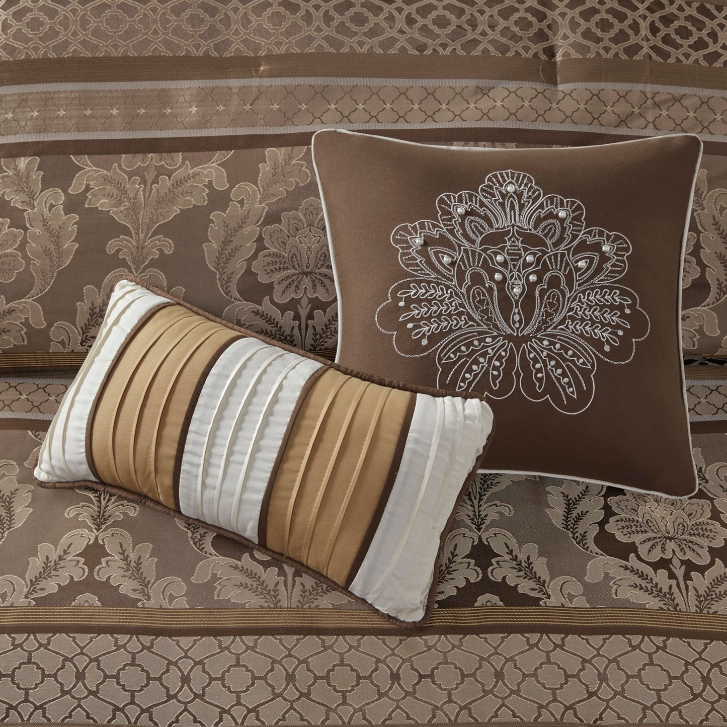 Madison Park Bellagio Cozy Comforter Set - Luxurious Jaquard Traditional Damask Design, All Season Down Alternative Bedding with Matching Shams, Decorative Pillow, Queen(90"x90"), Brown/Gold 7 Piece