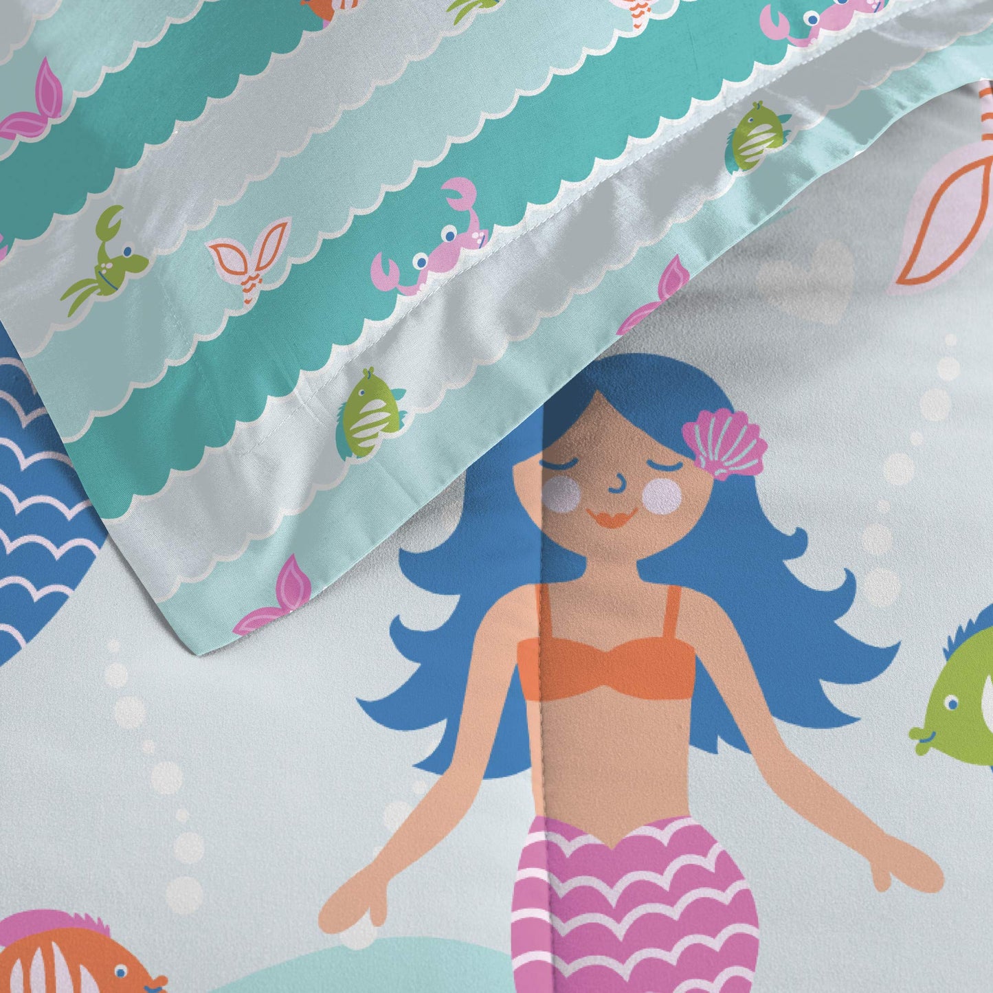 dream FACTORY Kids 5-Piece Complete Set Easy-Wash Super Soft Microfiber Comforter Bedding, Twin, Light Blue Mermaid Dreams
