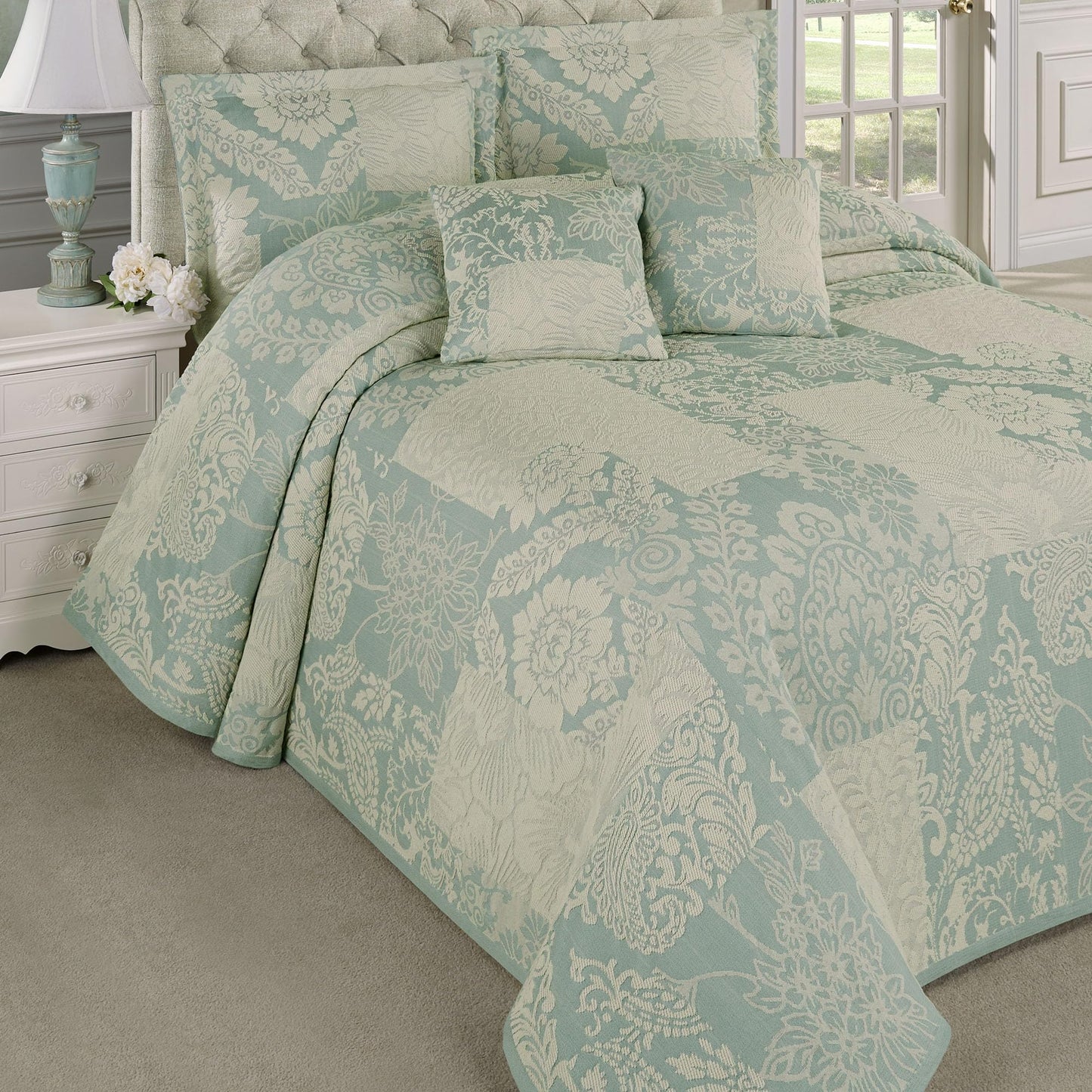 Maisonette Lightweight Bedding | Ivory & Spa Aqua Blue | Jacquard-Woven Cotton/Polyester Florals & Paisley Blocks | 5 Piece Bed Set: California King Bedspread, 2 King Shams, & 2 Square Accent Pillows