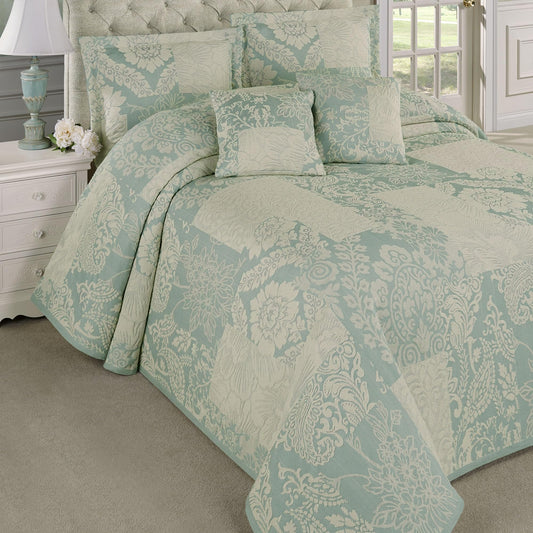 Maisonette Lightweight Bedding | Ivory & Spa Aqua Blue | Jacquard-Woven Cotton/Polyester Florals & Paisley Blocks | 5 Piece Bed Set: California King Bedspread, 2 King Shams, & 2 Square Accent Pillows