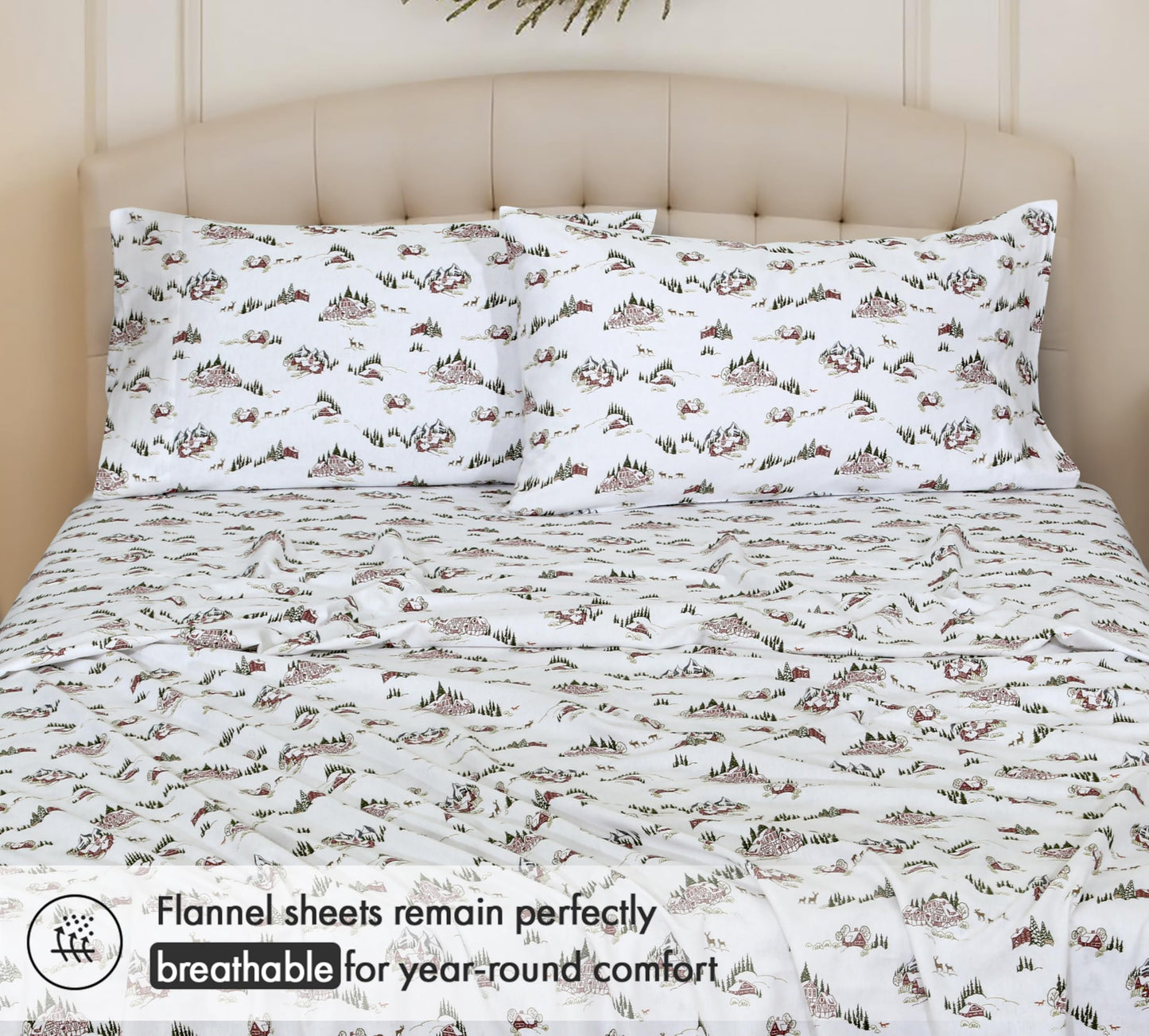 RUVANTI Flannel Sheets Queen Size - 100% Cotton Double Brushed Bed Sheets, Deep Pockets 16 Inches Queen Sheet Set, All Seasons Breathable & Extra Soft - Warm & Cozy, 4 Piece, Hilly Huts