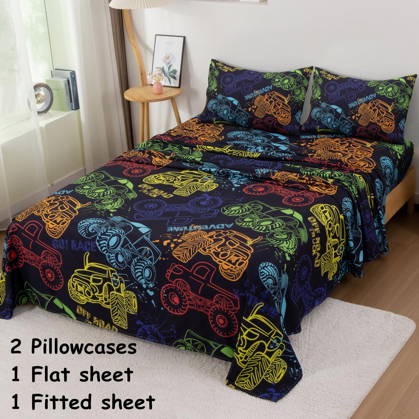 URLINENS Boys Sheets Full Size 4 Piece, Hand Drawn Cars Sheet Set for Kids Teens, Watercolor Off Road Truck Bed Sheets Soft Microfiber Boys Bedding Sheet-1 Fitted Sheet 1 Flat Sheet 2 Pillowcases
