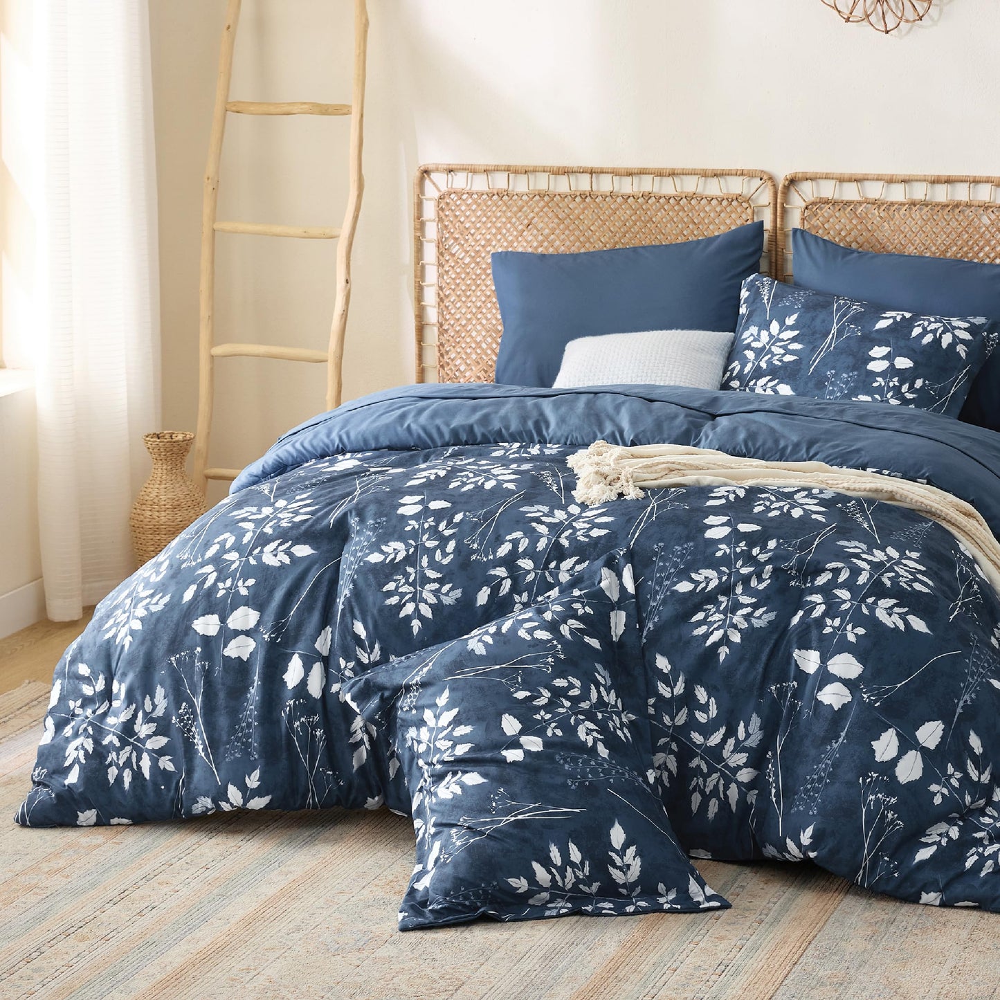 Bedsure Queen Comforter Set - 7 Pieces Floral Navy Soft Bedding Sets, Queen Bed in a Bag with Botanical Flowers Comforter, Sheets, Pillowcases & Shams