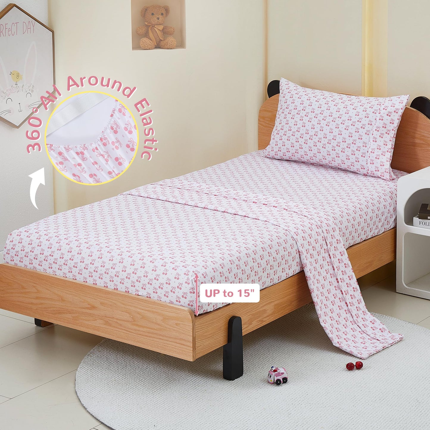 Viviland 3 Pieces Girls Pink Twin Sheet Set - Soft Microfiber Fitted Flat Sheets & Pillowcase - Pink Cherry Bow Print Bedding Sets - for Kids & Toddlers