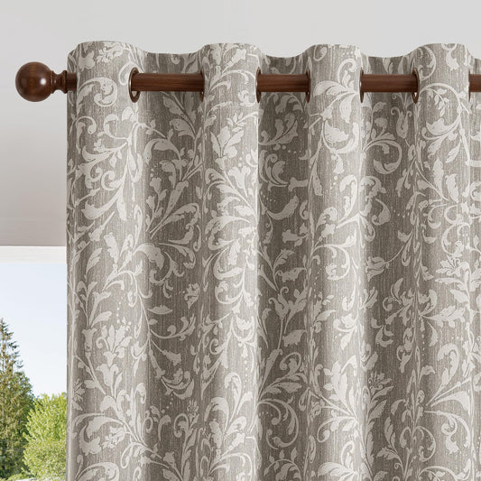 jinchan Blackout Curtains for Bedroom, Taupe Grey Scroll Floral Patterned Curtains 84 Inch Length for Living Room, Vintage Art Deco Drapes, Thermal Insulated Window Curtains Grommet 2 Panels