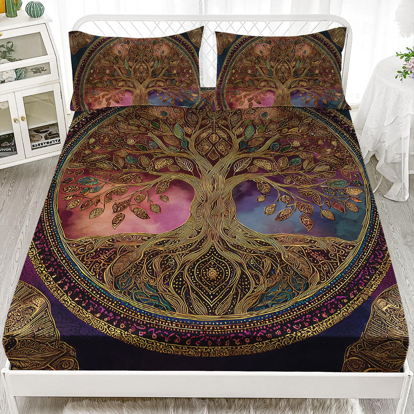 AILONEN Tree of Life Fitted Sheet Set Queen Size,Retro Floral Plant Bedding Set for Boys Girls,Bohemian Tree of Life Deep Pocket Sheets with 2 Pillowcases,3-Piece