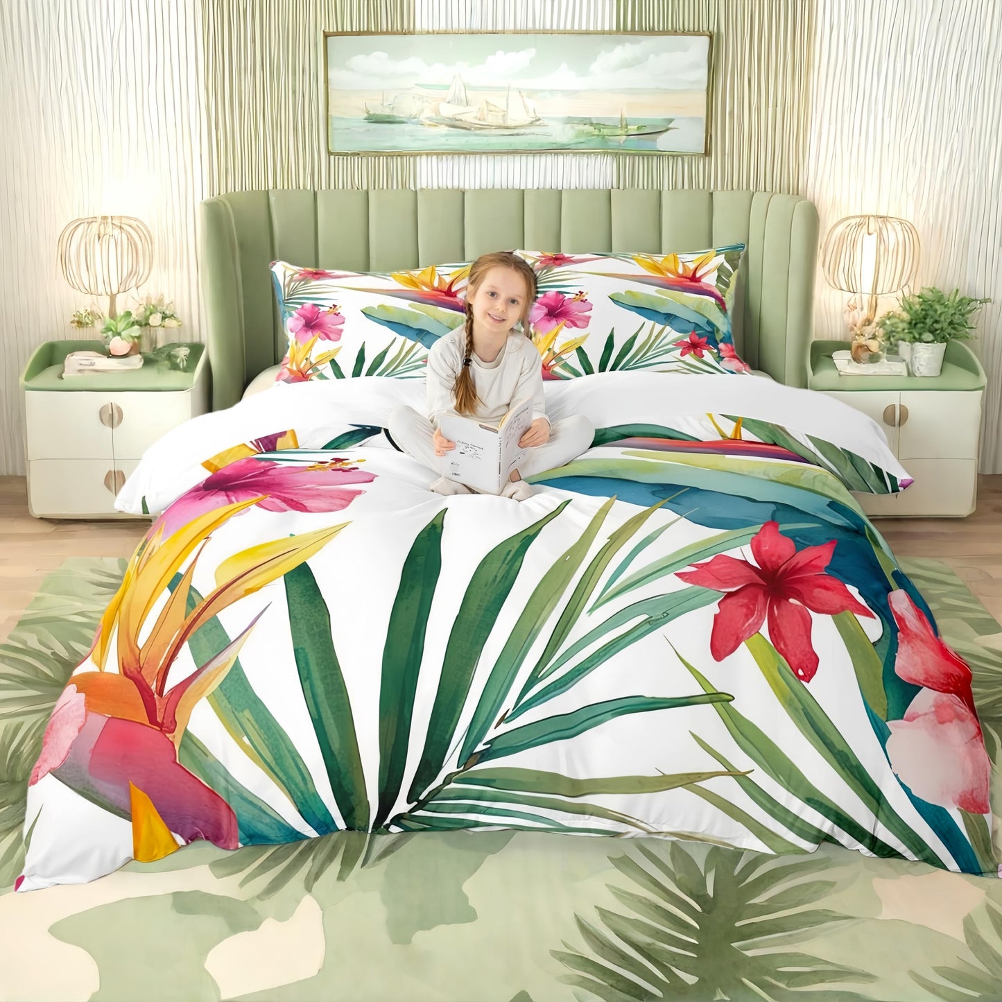 Tropical Tree Plant Duvet Cover Set King Size with Zipper Closure, Watercolor Red Hibiscus Flower Pattern Printed Comforter Cover,Palm Leaves Bedding Sets with 2 Pillow Cases,Soft,Green Pink