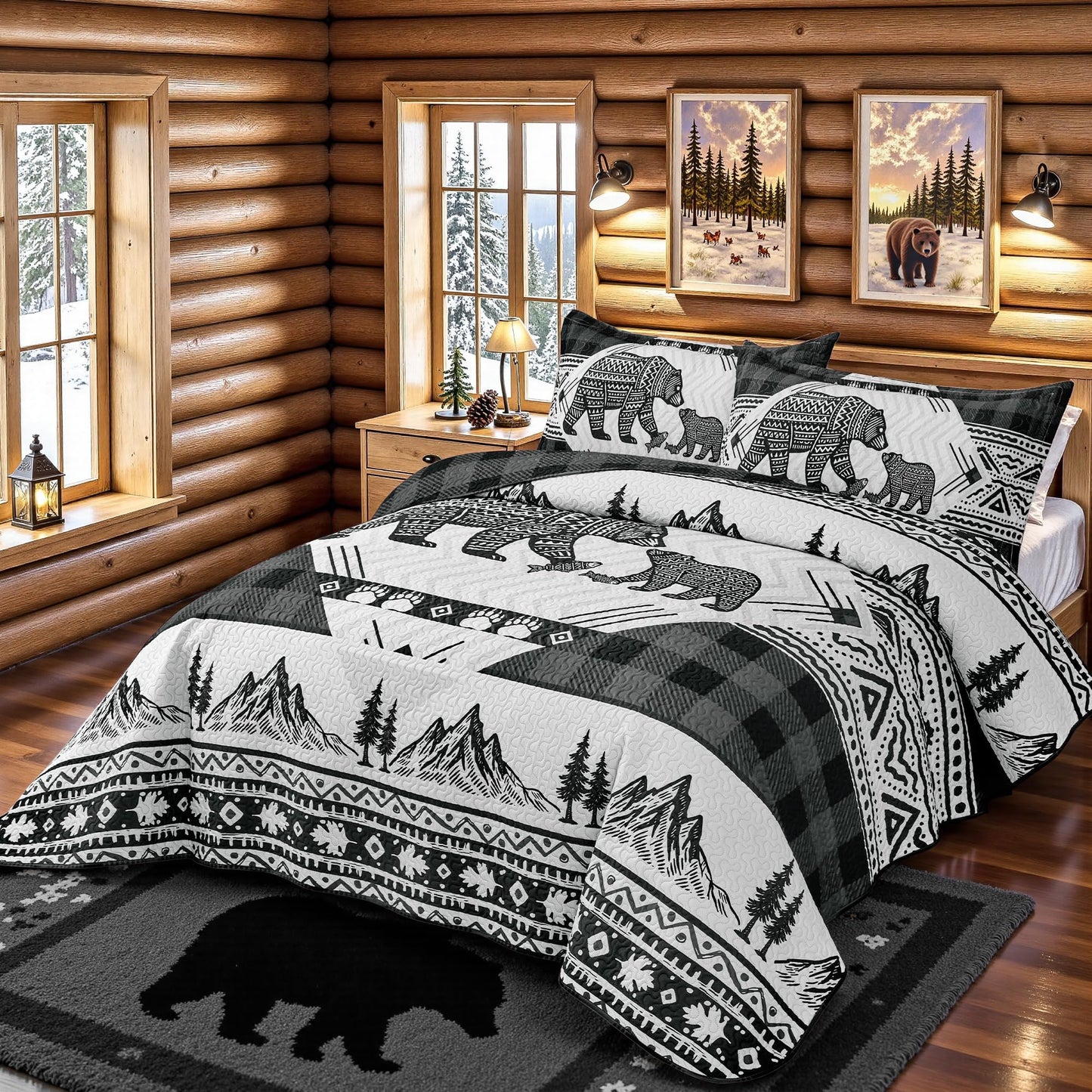 3 Piece Cabin Full/Queen Quilt Sets Farmhouse Rustic Reversible Microfiber Soft Lightweight Bedspread Comforter with 2 Shams Patchwork Country Lodge Bedding Quilts Set for All Season, 90''x96'' , Grey