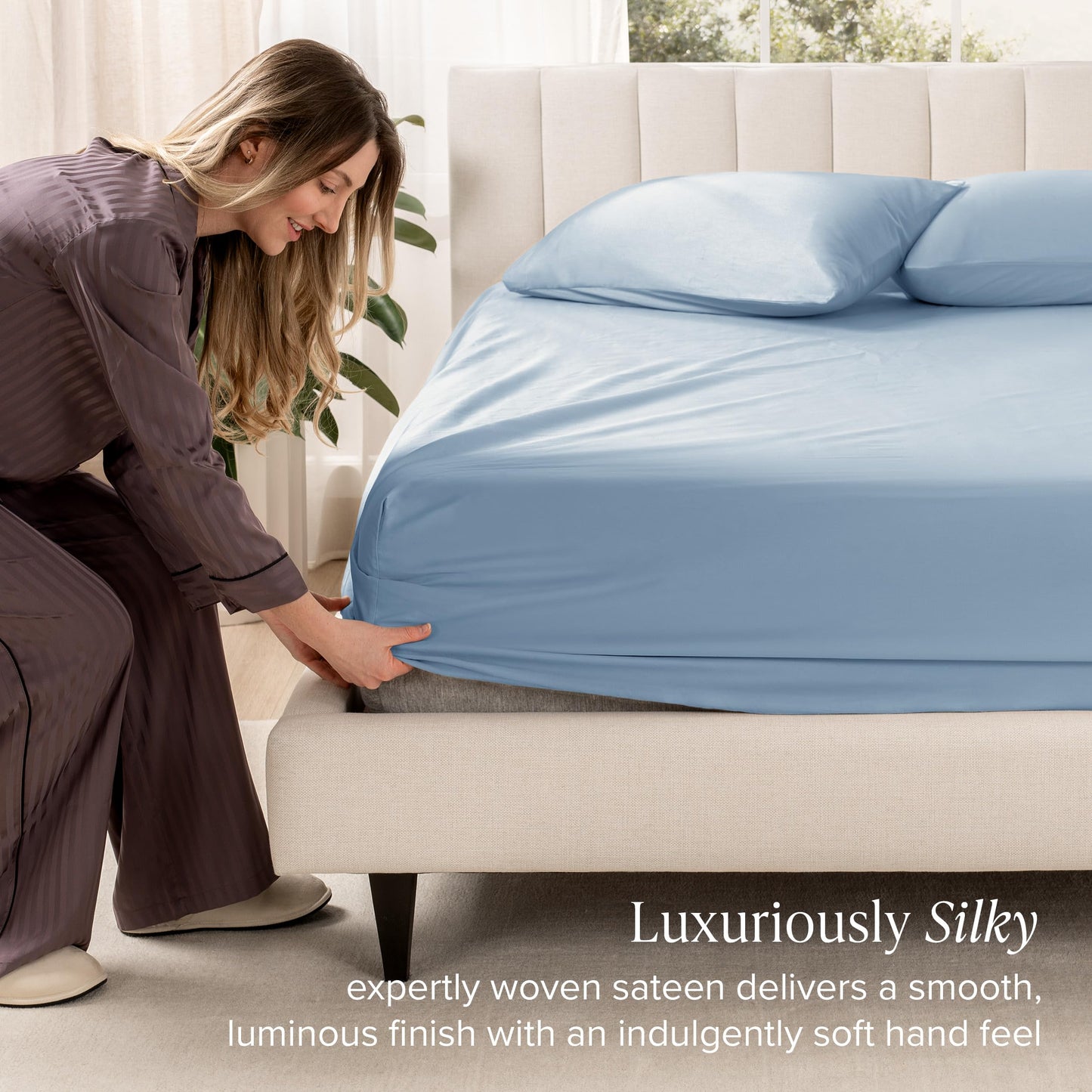 Bare Home 100% Organic Cotton Sateen Fitted Sheet - 400 Thread Count - Smooth Sateen Weave - Breathable & Cooling - Hotel Luxury - Durable Fitted Sheet - Deep Pocket (King, Dusty Blue)