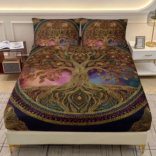 AILONEN Tree of Life Fitted Sheet Set Queen Size,Retro Floral Plant Bedding Set for Boys Girls,Bohemian Tree of Life Deep Pocket Sheets with 2 Pillowcases,3-Piece