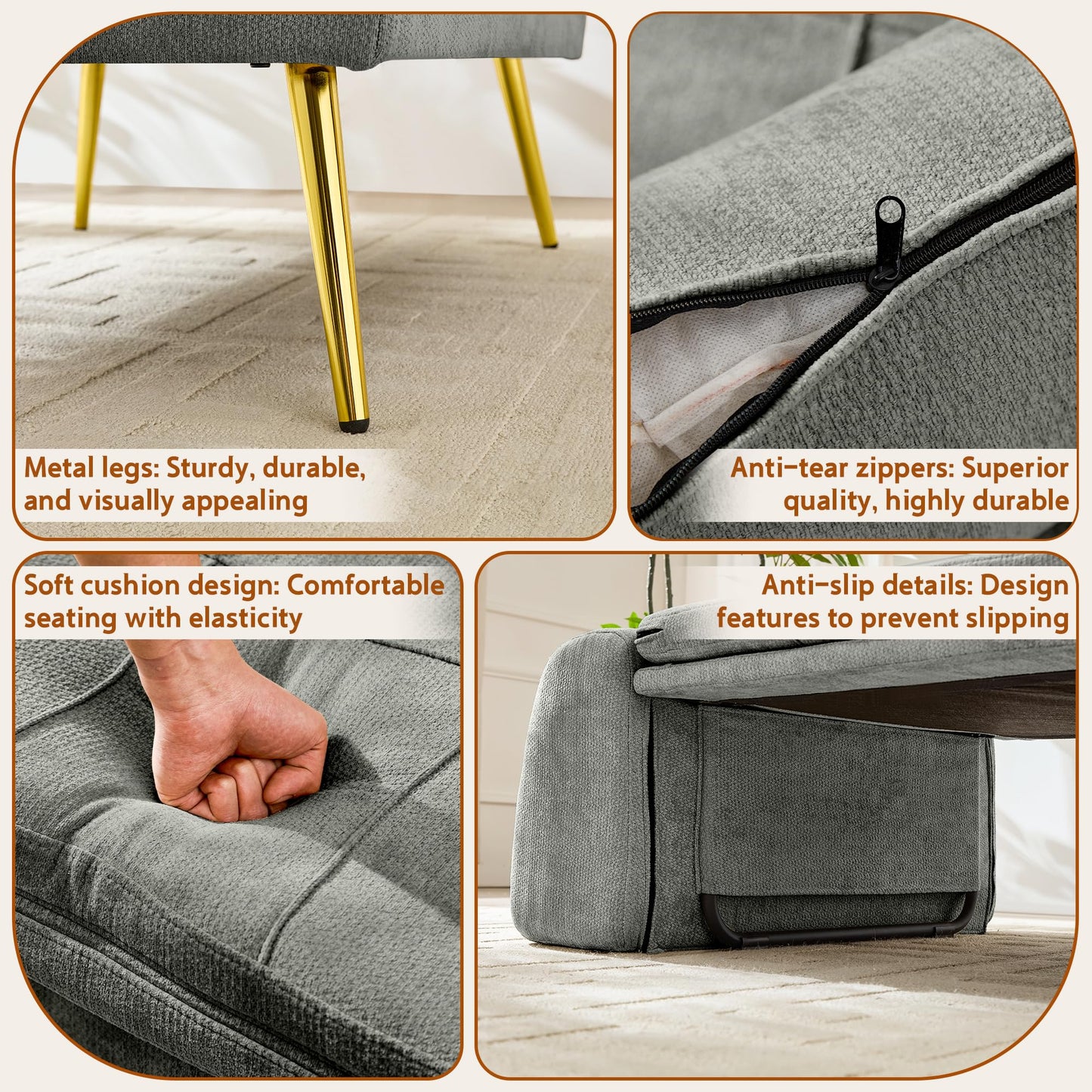 wanan Sleeper Chair, 3-in-1 Chair Bed Sleeper for Adults, Futon Sofa Bed with Back Support & Pillow, Solid Wood Frame & Sturdy Metal Legs for Living Room, Bedroom, Gray