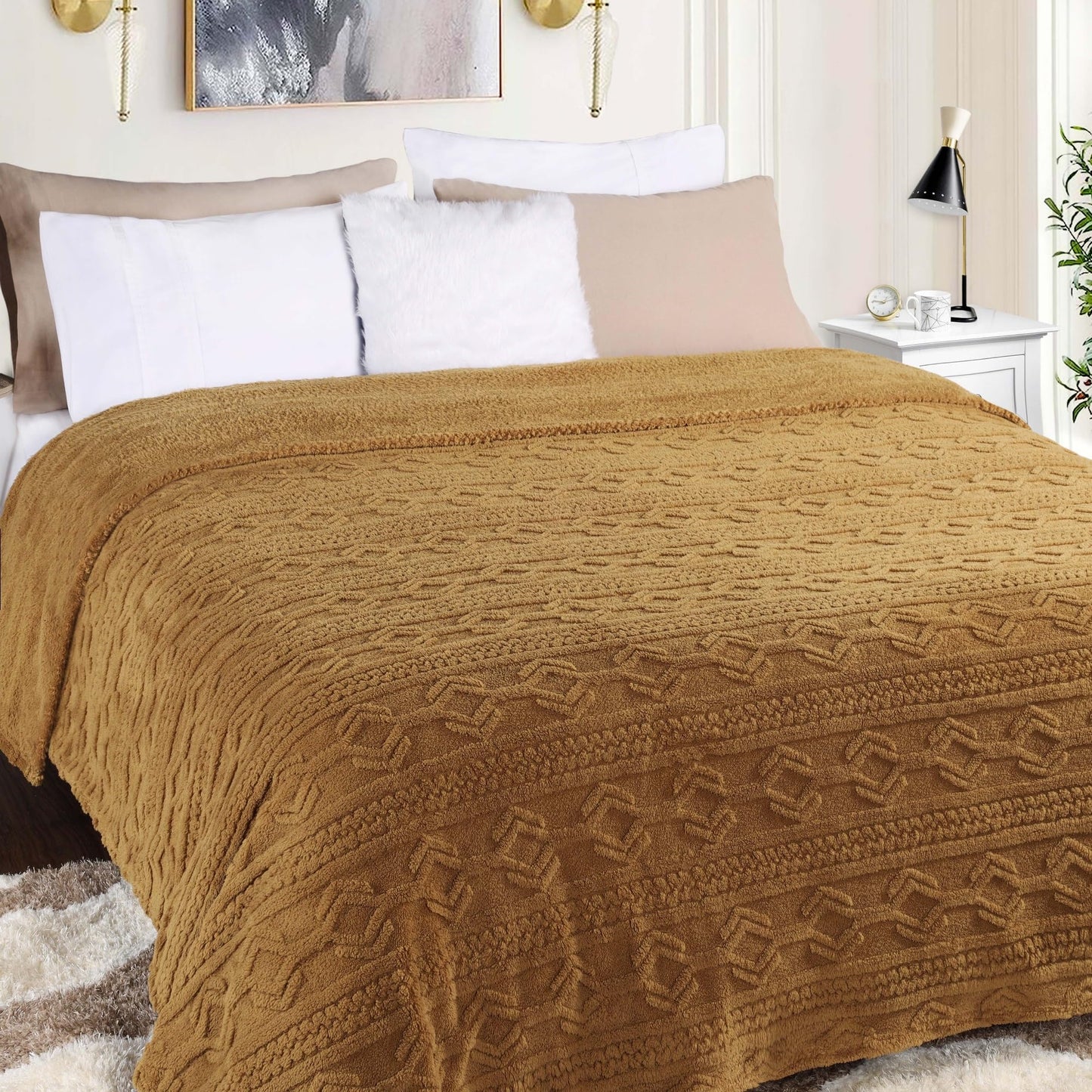 Superior Fleece Boho Jacquard Blanket, Decorative Blankets for Bedroom, Sofa, Fuzzy, Plush, Fluffy, Soft, Cute Room Decor, Beautiful Cover, Comfort Essentials, Arctic Collection, King, Camel