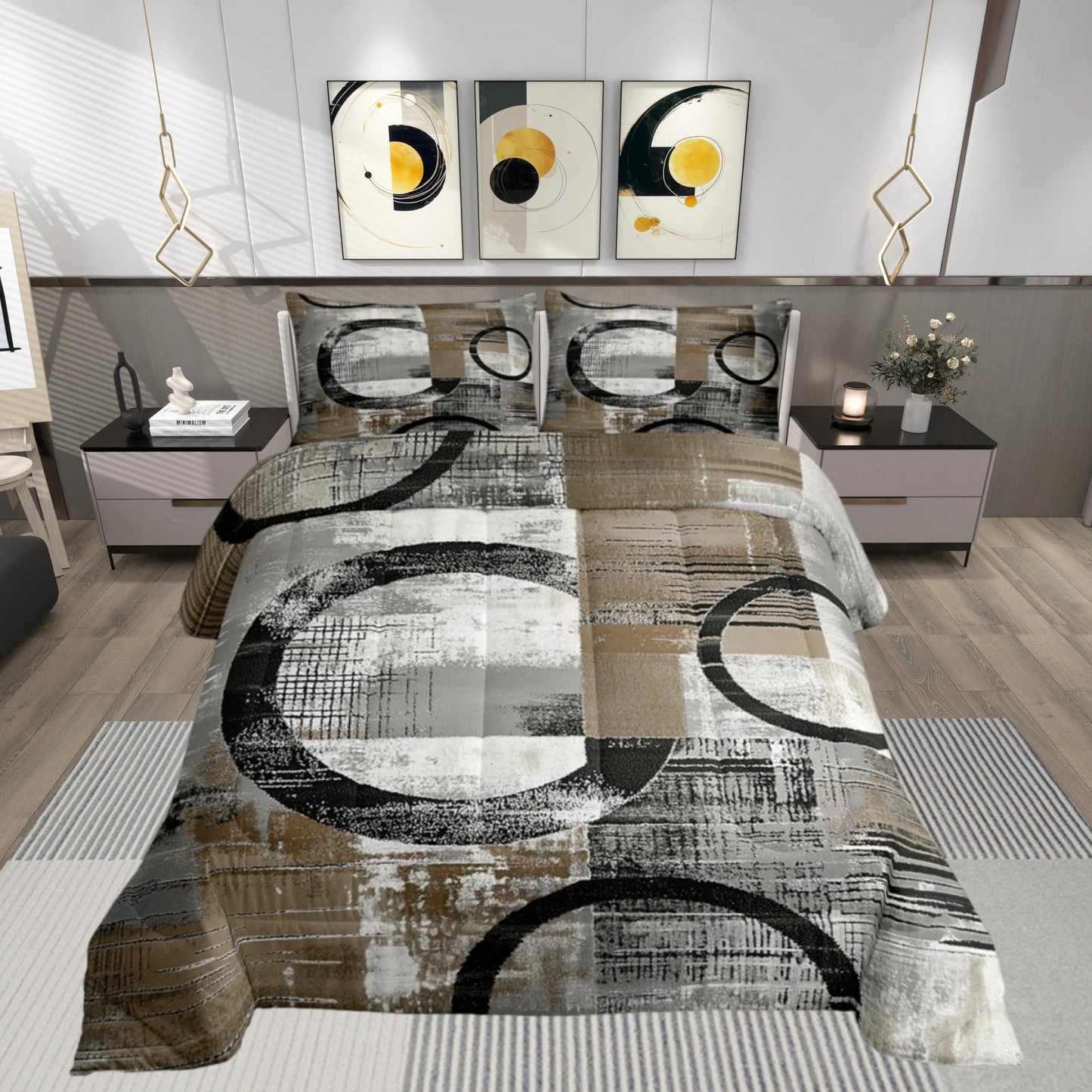Feelyou Abstract Kids Comforter Set Full Size Modern Abstract Art Bedding Set Geometric Duvet Quilt for Kids Boys Girls Bedroom Luxury Decor Umber Ultra Soft