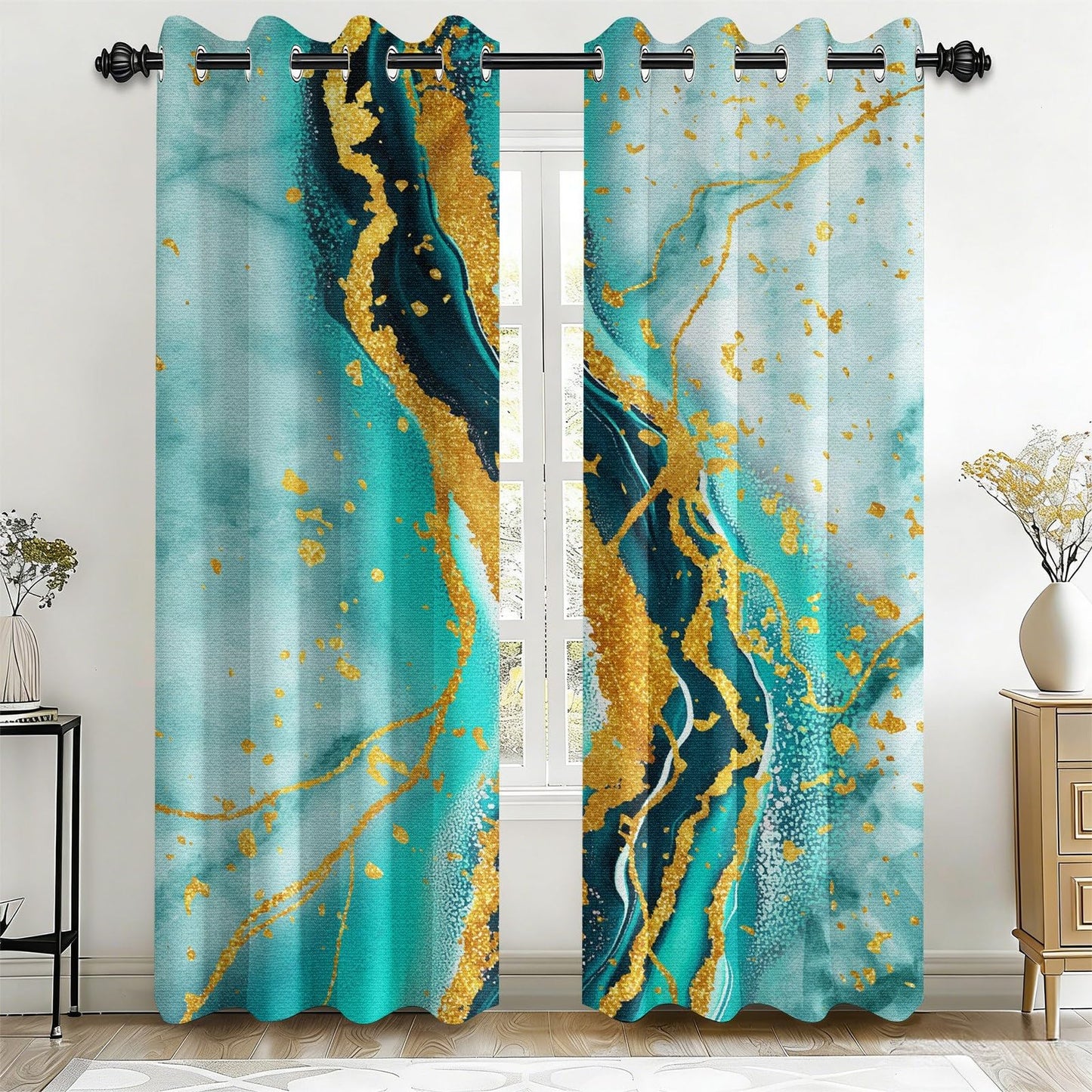 Luxury Teal and Gold Blackout Curtains for Bedroom, Abstract Turquoise Marble Art 3D Printed Drapes, Thermal Insulated Grommet Room Darkening Curtains for Living Room, 42" W x 84" L (Pack of 2)