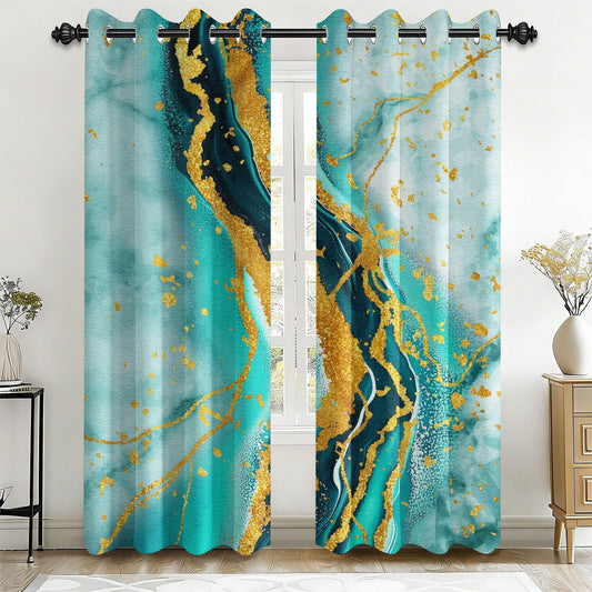 Luxury Teal and Gold Blackout Curtains for Bedroom, Abstract Turquoise Marble Art 3D Printed Drapes, Thermal Insulated Grommet Room Darkening Curtains for Living Room, 42" W x 84" L (Pack of 2)