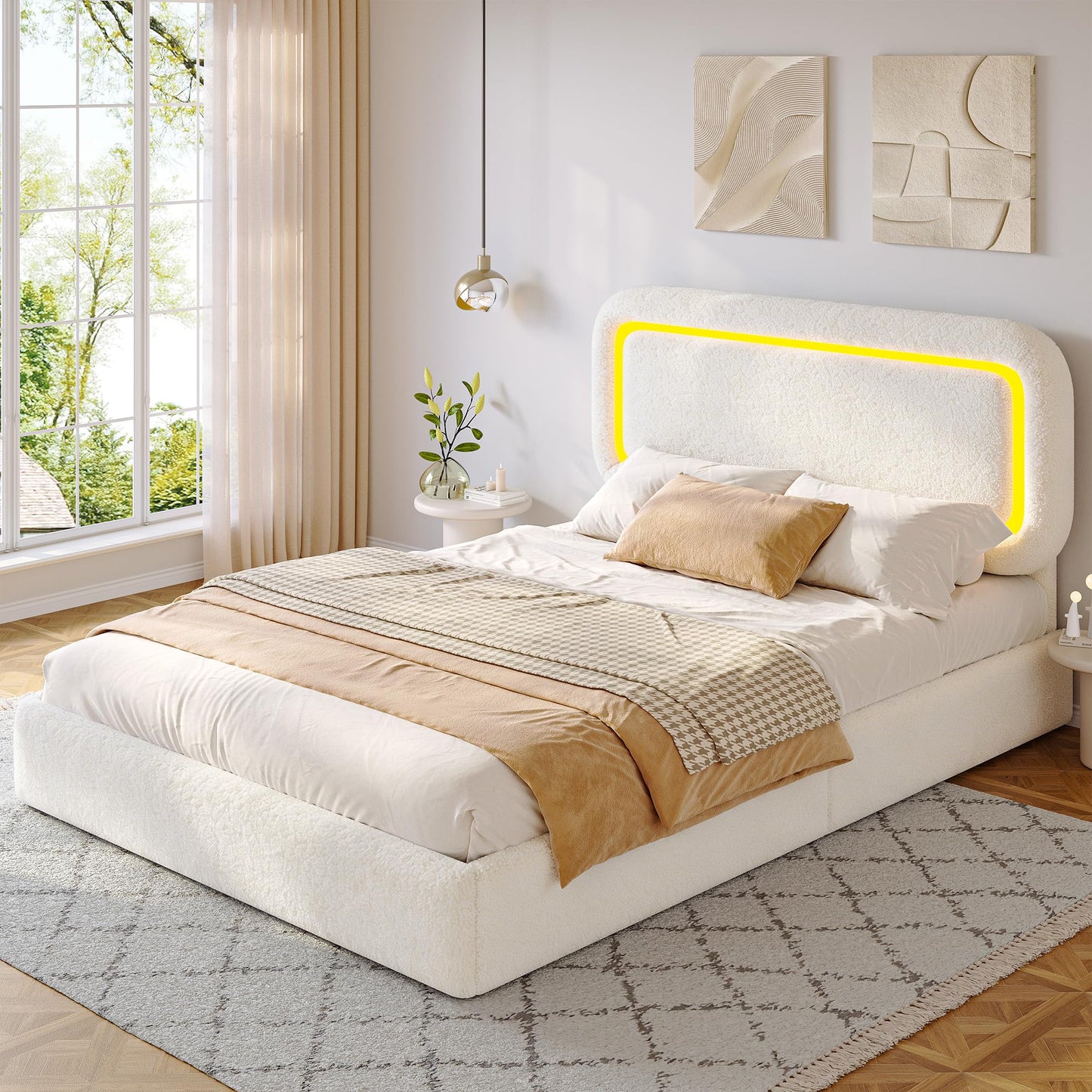 Homkdom Upholstered Full Size Bed Frame with Led Lights,Boucle Full Bed Frame,Soft Bed Frame Full with Headboard,Anti-Collision Round Corners,No Box Spring Needed,Modern,Cream White