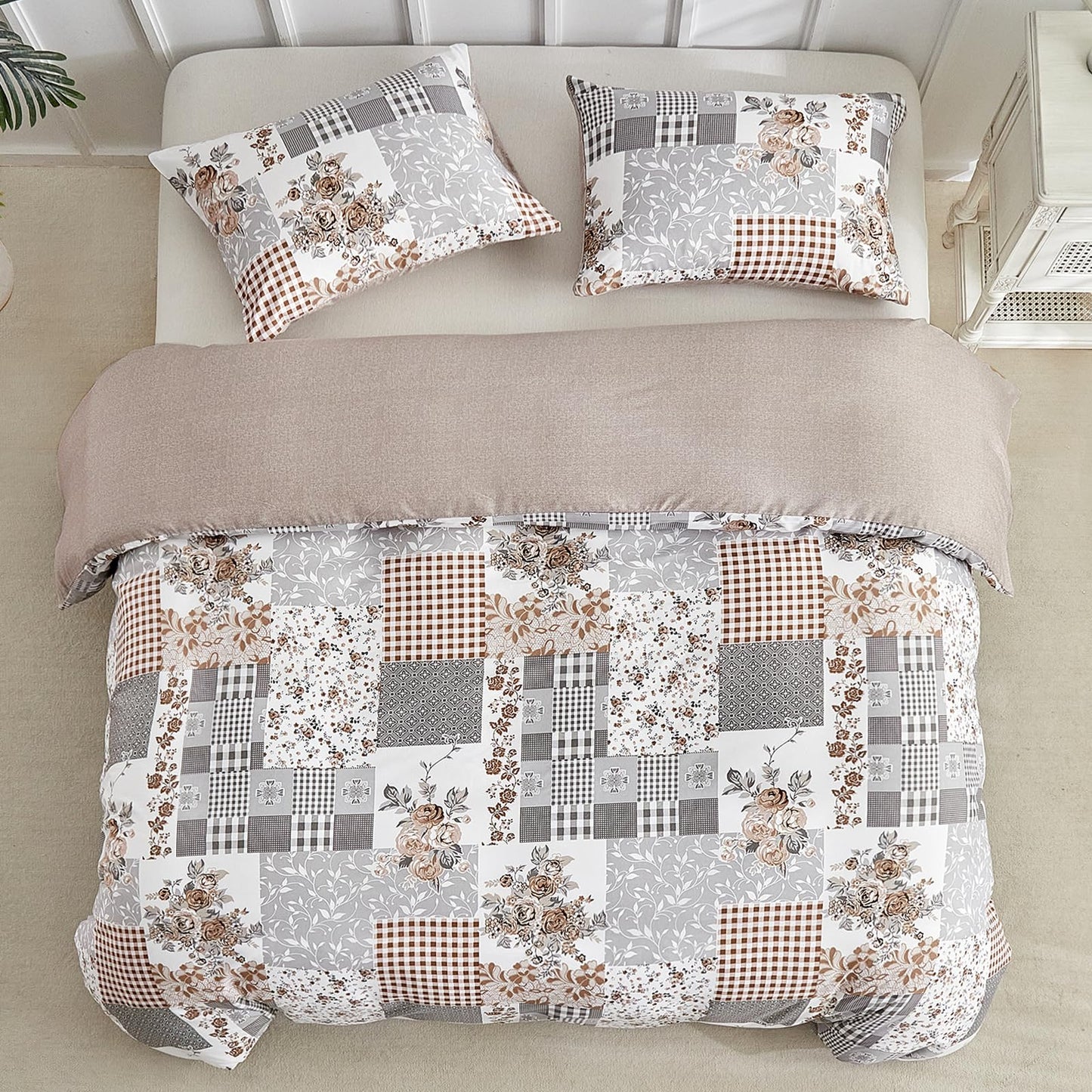 Lekesky King Size Duvet Cover Set, Patchwork Floral 3 Pieces Reversible Grey Duvet Cover Set, Ultra-Soft Microfiber 3 Pieces Comforter Cover with Zipper and Corner Ties, Includes 2 Pillowcases
