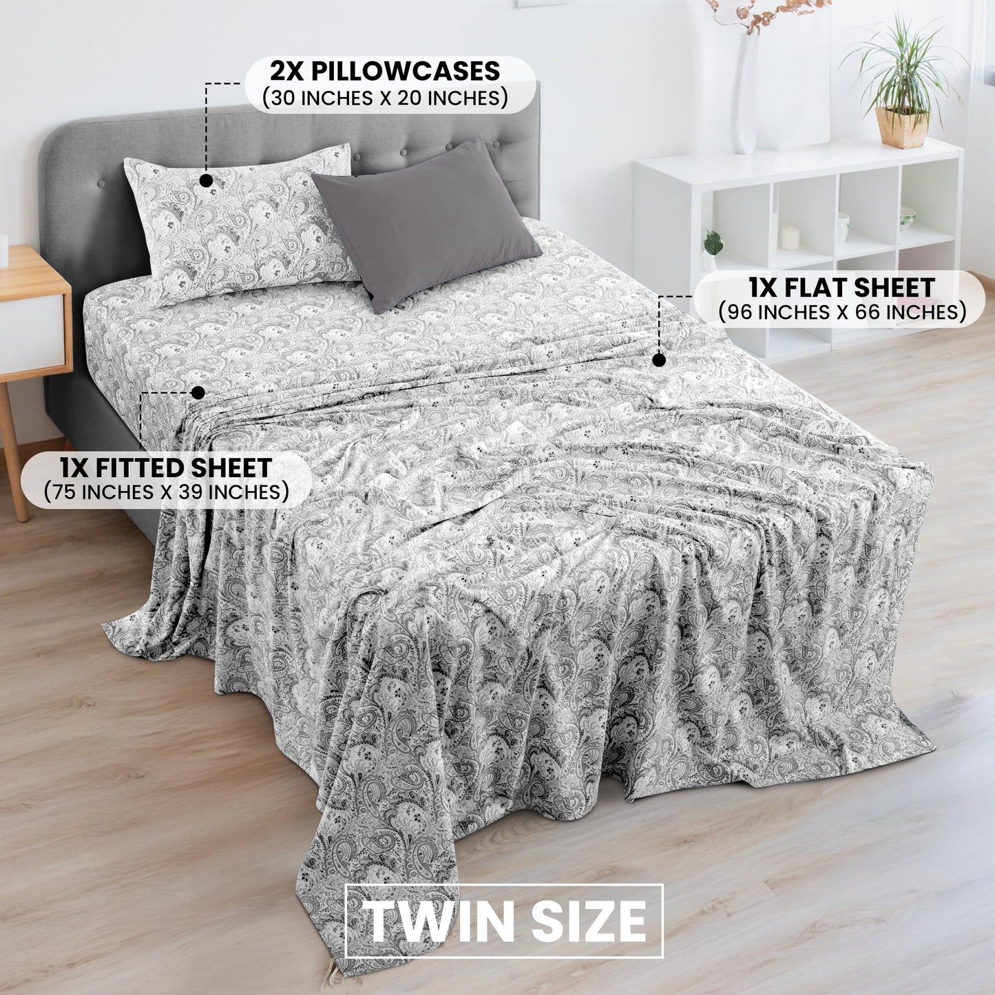 Ultra Soft Wrinkle-Free Microfiber Paisley Twin Sheet Set, Cute Floral Pattern Boho Print – 16" Deep Pocket Fitted Sheet, Flat Sheet & 2 Pillowcases, Breathable, OEKO-TEX - White/Grey