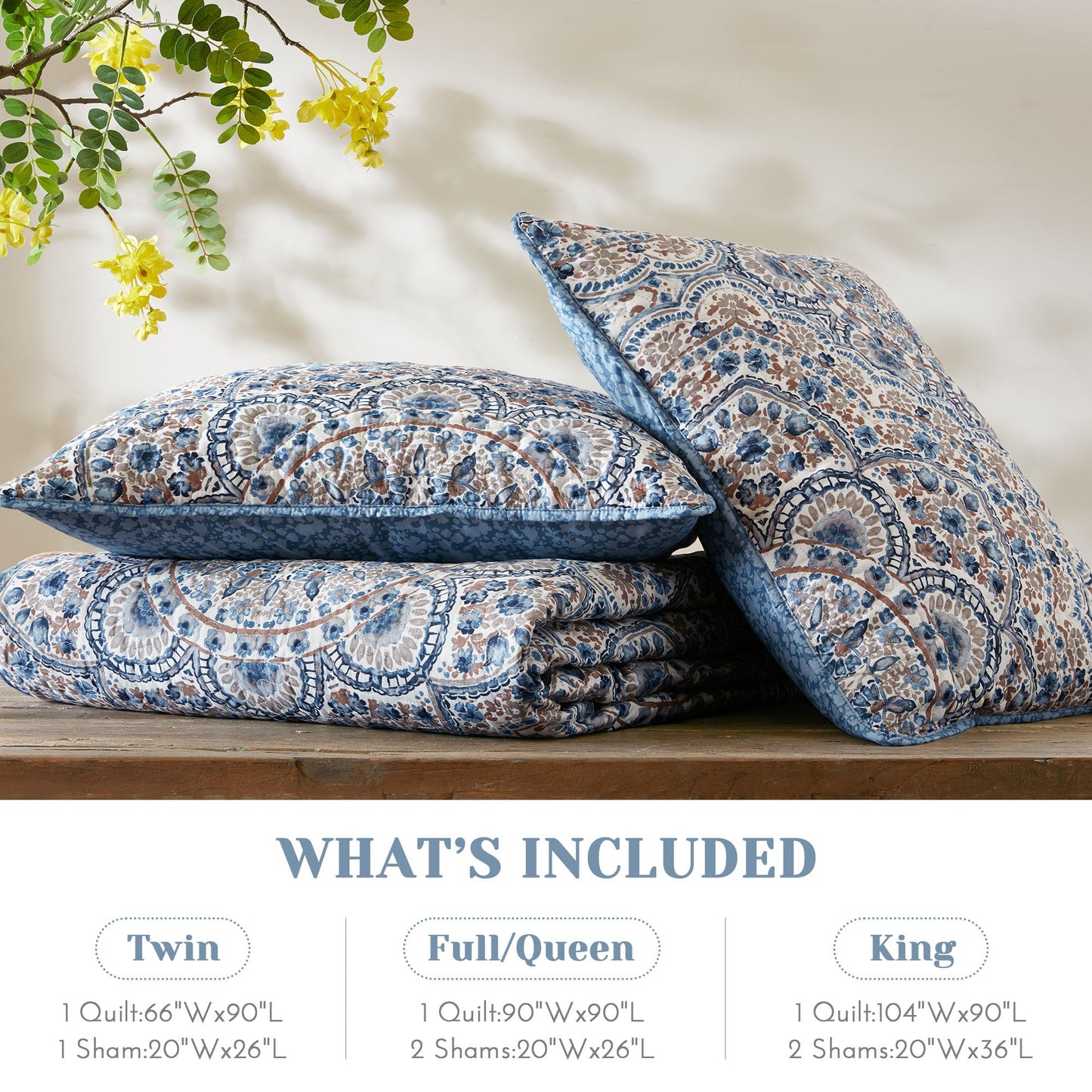 Comfort Spaces Valerie Boho Quilt Set Twin/Twin XL Blue - Soft Reversible Watercolor Medallion Bedding, Lightweight All Season Bedspread for Kids Teens Dorm Guest Room