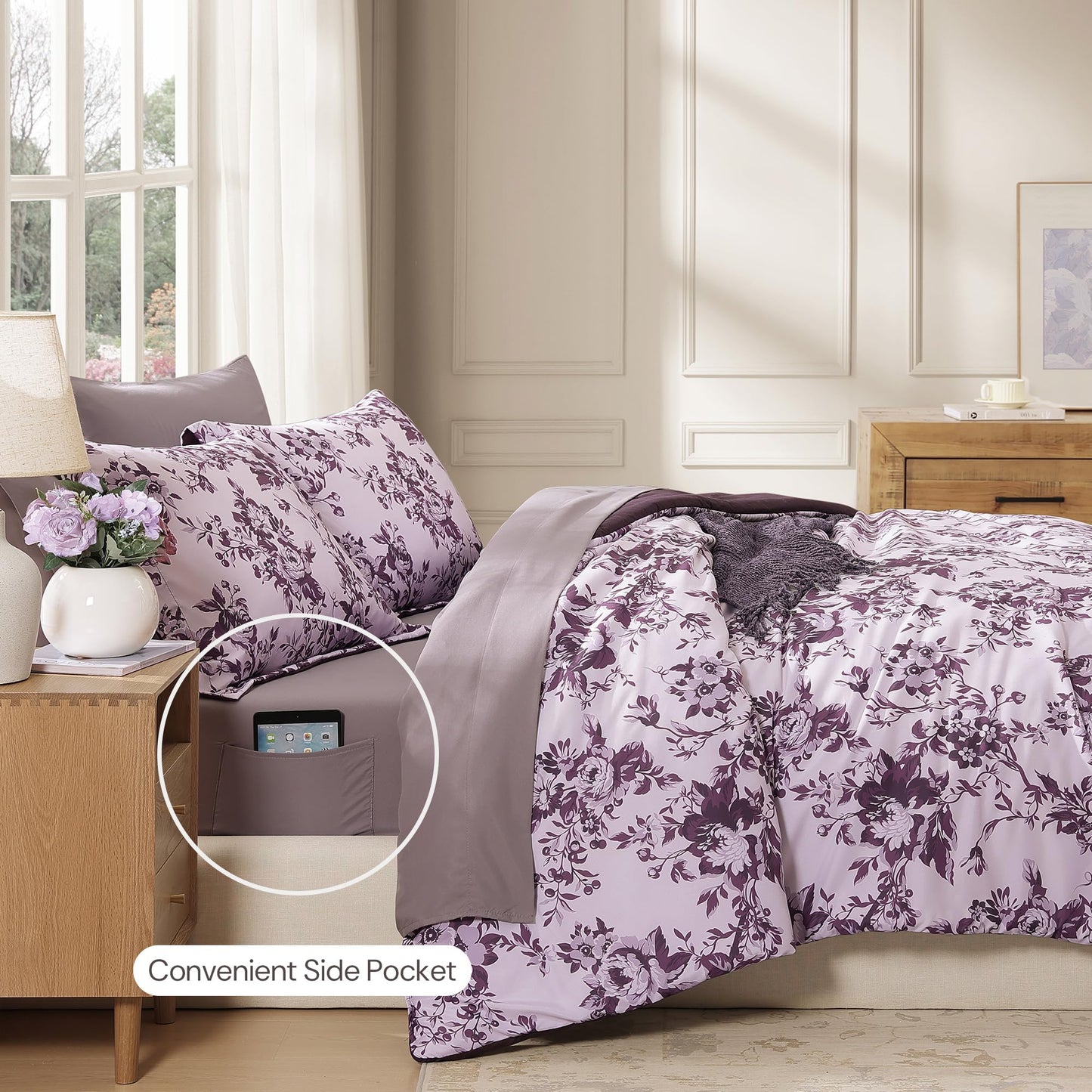 BLOOMHAVEN Queen Comforter Set -7 Pieces Deep Purple Floral Comforter Set for All Seasons, Bed in a Bag Queen with Botanical Flowers Comforter, Sheets, Pillowcases & Shams