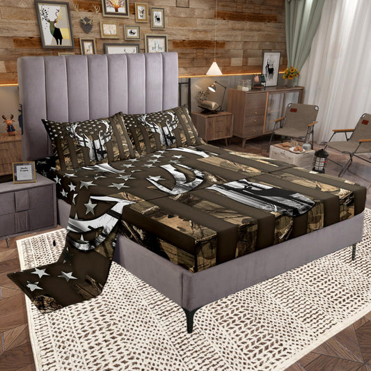 Kids Camo USA Flag Bed Sheet Set King Size,Brown Camouflage American Flag Quality Brushed Microfiber Luxury Bedding Set, Deer Antlers and Trees Bedding (1 Fitted,1 Flat,2 Pillowcases),Soft Fabric