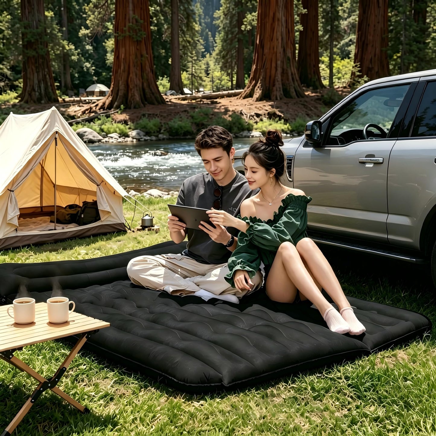 BEBAS Back Seat Car Air Mattress: Inflatable SUV Car Camping Bed for Truck, Van & Trunk, 600 lbs Thickened Double-Sided Flocking Travel Car Sleeping Pad with Air Pump & 2 Pillows