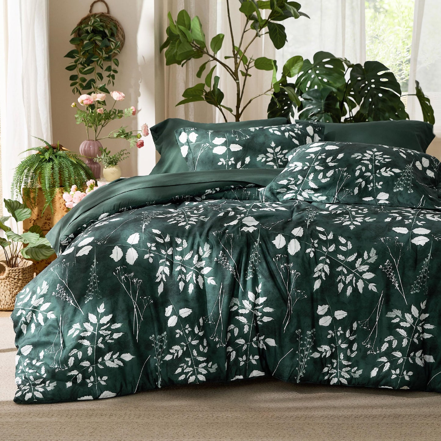 Bedsure King Size Comforter Set - 7 Pieces Floral Forest Green Soft Bedding Sets, King Bed in a Bag with Botanical Flowers Comforter, Sheets, Pillowcases & Shams