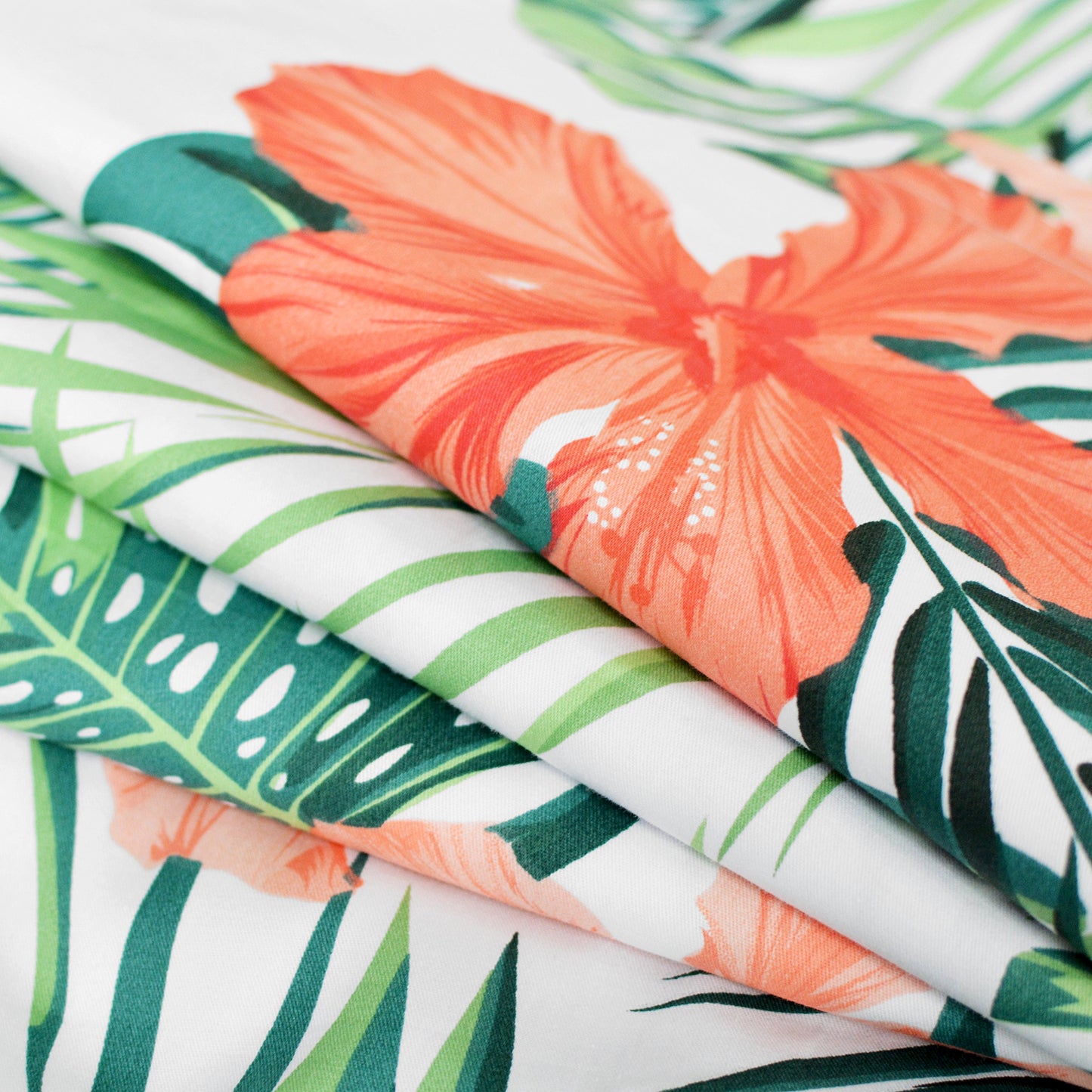 FADFAY Green Duvet Cover 100% Cotton Tropical Bedding Red Hibiscus Flower & Forest Green Palm Leaves Plants Watercolor Printed Zipper Closure Soft Breathable Girls Floral Bedding Set 3 Pcs, Full