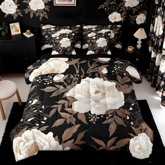 Feelyou Kids Adult Vintage Floral 7 Piece Bedding Set Full Size，Black Comforter Set with Sheets Flower Gold Leaf Plant Pattern Bed in a Bag Microfiber Bed Set