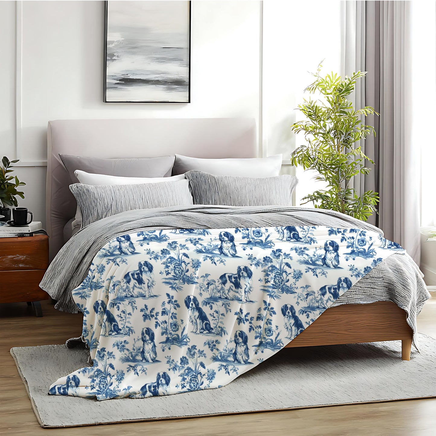 BUJSP Chinoiserie Cavalier King Charles Spaniel Blanket, Cavalier King Charles Spaniel Gifts, Blue and White French Country Toile Dog Throw Blanket for Home Bedroom Couch Bed Decor, 50x60 Inches